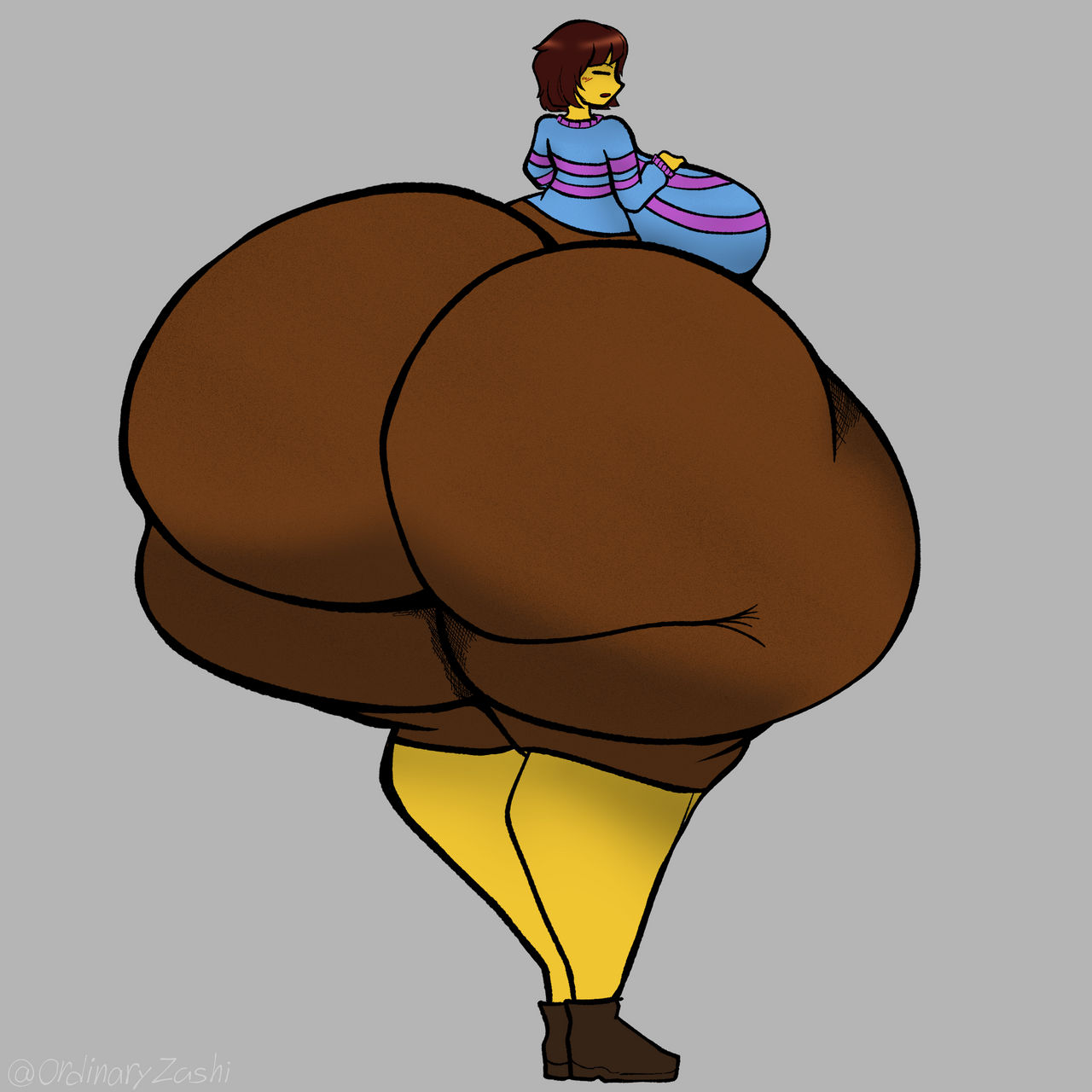 1girls, 2d, ass, ass bigger than head, ass expansion, bottom heavy, breasts, brown hair, expansion, female, female only, frisk, huge ass, huge breasts, human, human female, human only, hyper, hyper ass, massive ass, ordinaryzashi, solo, thick thighs, toby fox, undertale, undertale (series)