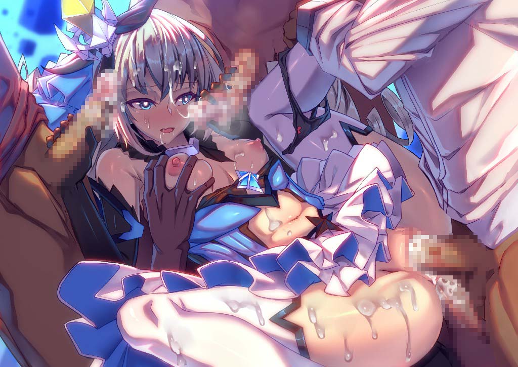 bangs bare_shoulders black_gloves blue_eyes breasts bronya_zaychik bronya_zaychik_(herrscher_of_reason) censored cum cum_on_body double_handjob double_penetration female gloves group_sex hair_ornament handjob heart heart-shaped_pupils honkai_(series) honkai_impact_3rd lao_meng long_hair mosaic_censoring navel orgy sex spread_legs symbol-shaped_pupils thighhighs