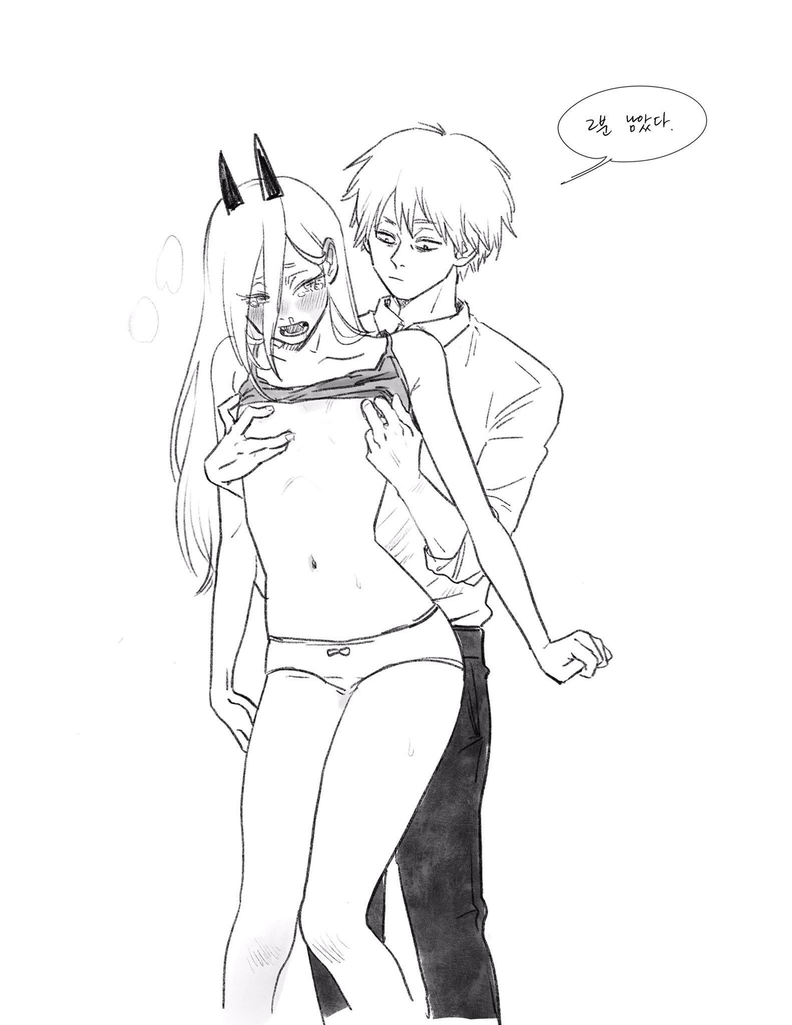 1boy, 1girls, blush, breasts, chainsaw man, curious, denji (chainsaw man), female, flat chest, flat chested, groping breasts, hands on breasts, long hair, male, male/female, oni horns, open mouth, panties, pinching nipples, power (chainsaw man), shirt up, small breasts, speech bubble, straight, text