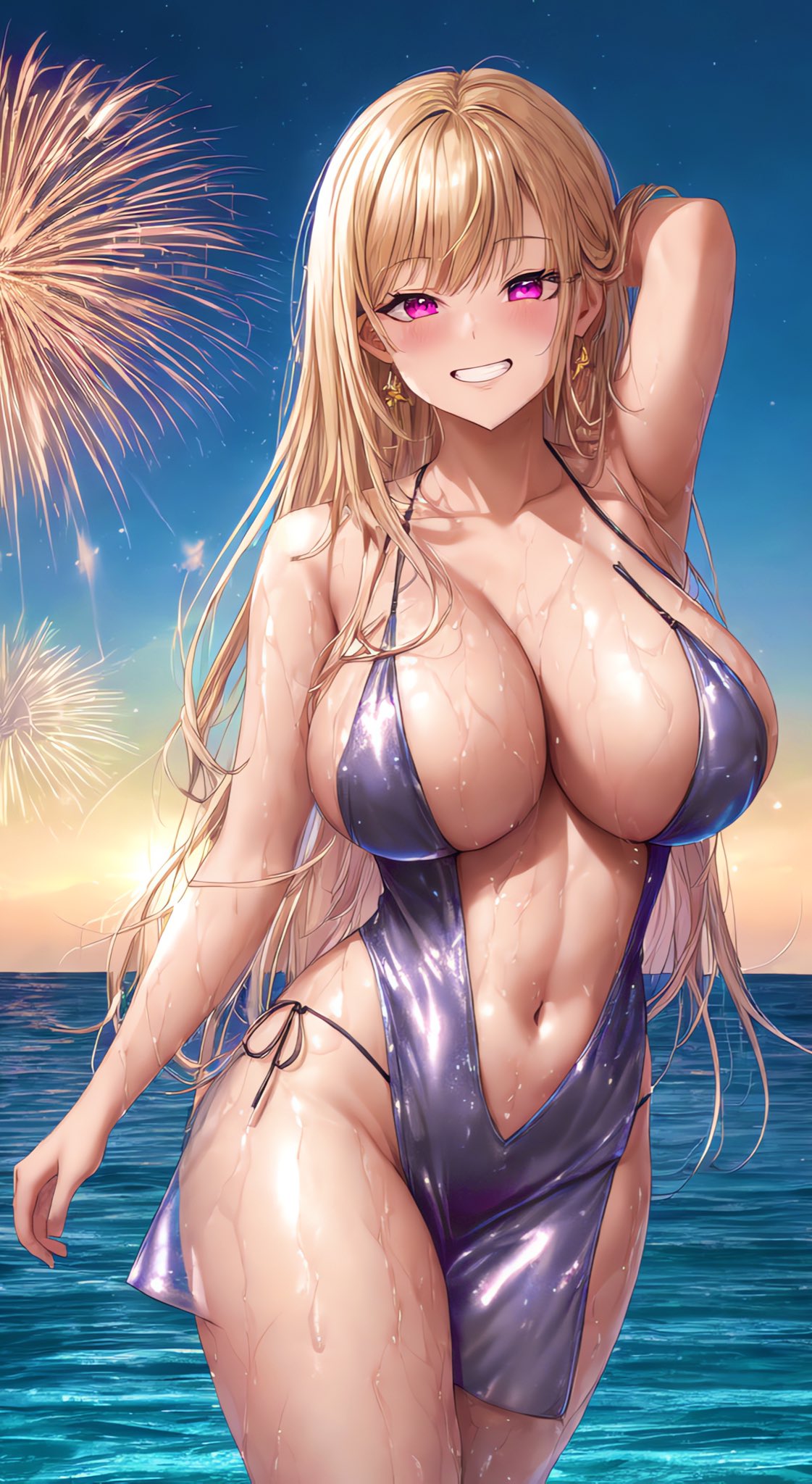 1girls, ai generated, armpits, beach, blonde hair, breasts, female, fireworks, grin, highleg swimsuit, hips, holaraai, huge breasts, kitagawa marin, light skin, light-skinned female, long hair, massive breasts, mommy, one-piece swimsuit, outdoors, red eyes, smile, sono bisque doll wa koi wo suru, stable diffusion, swimsuit, thick thighs, thighs, water, wet, wide hips