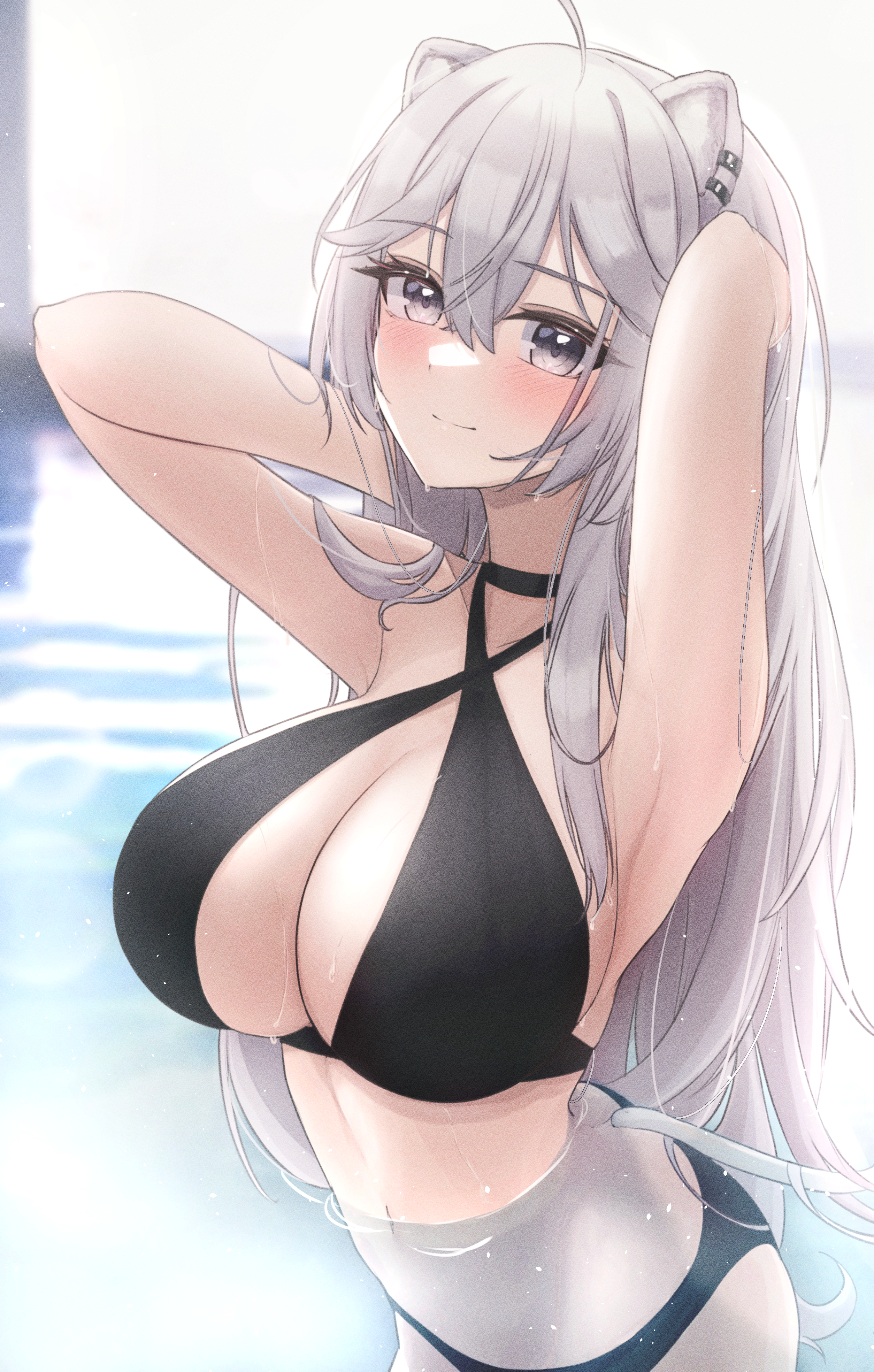 absurdres, ahoge, animal ears, armpits, arms up, bangs, bikini, black bikini, black choker, blush, breasts, choker, closed mouth, crossed bangs, female, grey eyes, hands in hair, highres, hololive, hololive gen 5, hololive japan, large breasts, light smile, lion ears, lion girl, lion tail, long hair, looking at viewer, mofu07519, shishiro botan, smile, solo, swimsuit, tail, very long hair, virtual youtuber, wading, water, wet, white hair