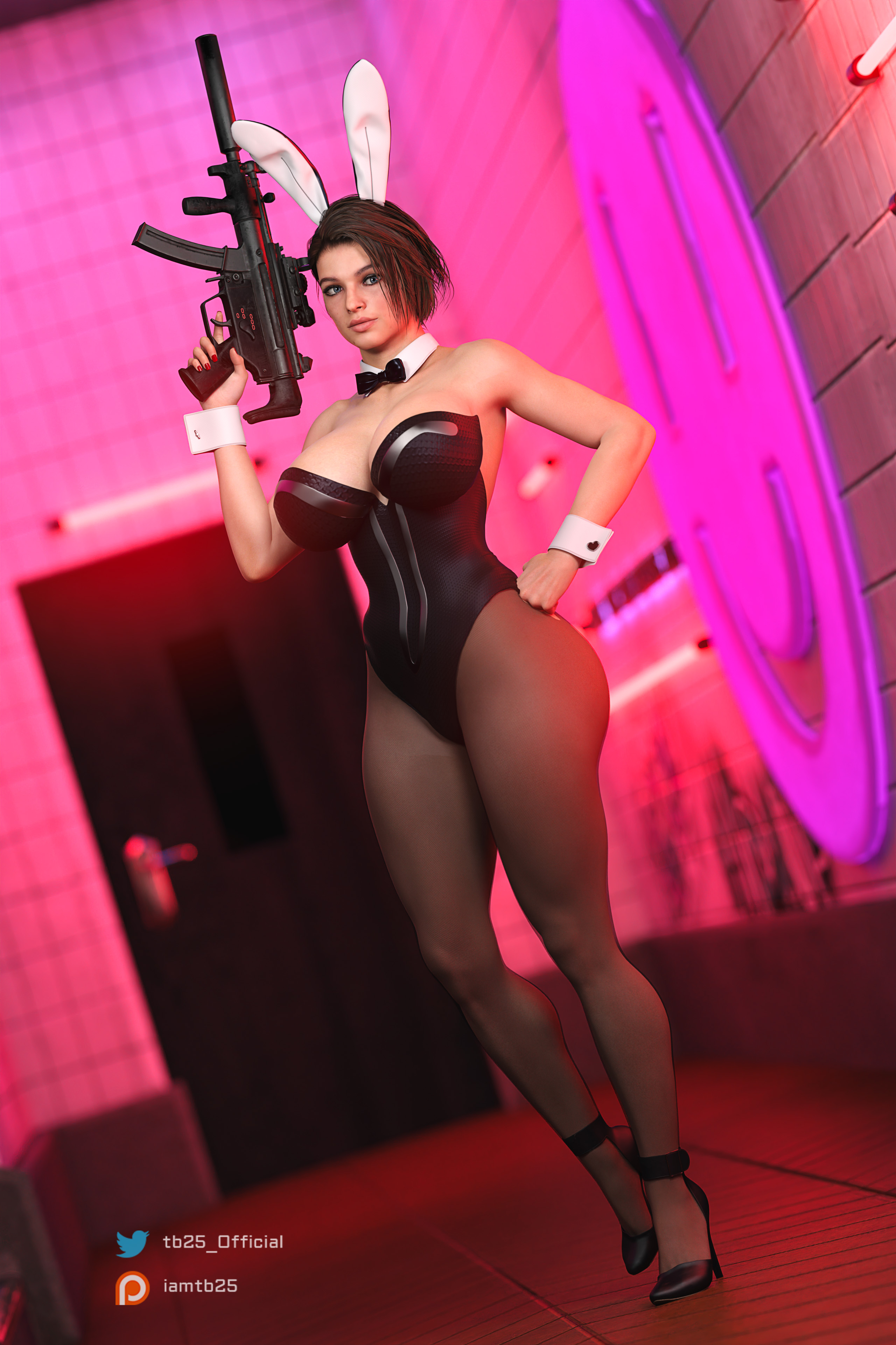 1girls, 3d, ass, big ass, big breasts, biohazard, bowtie, breasts, bunny ears, bunny girl, bunnysuit, capcom, clothing, female, firearm, gun, handgun, heels, high heels, human, jill valentine, jill valentine (sasha zotova), legwear, machine gun, neckwear, pale skin, patreon username, resident evil, resident evil 3, resident evil 3 remake, submachine gun, suppressor, tagme, tb25, thick thighs, twitter username, weapon, wristwear