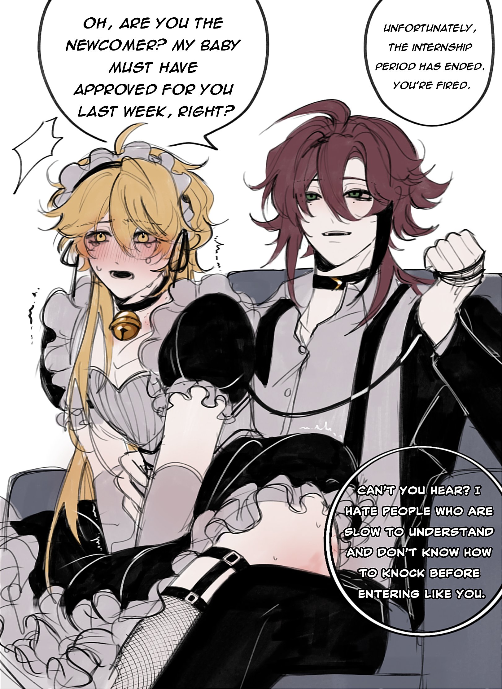 2boys, aether (genshin impact), blush, femboy, gay, genshin impact, leggings, maid, male, male only, otoko no ko, shikanoin heizou, thick thighs, thighhighs, thighs, trap, yaoi
