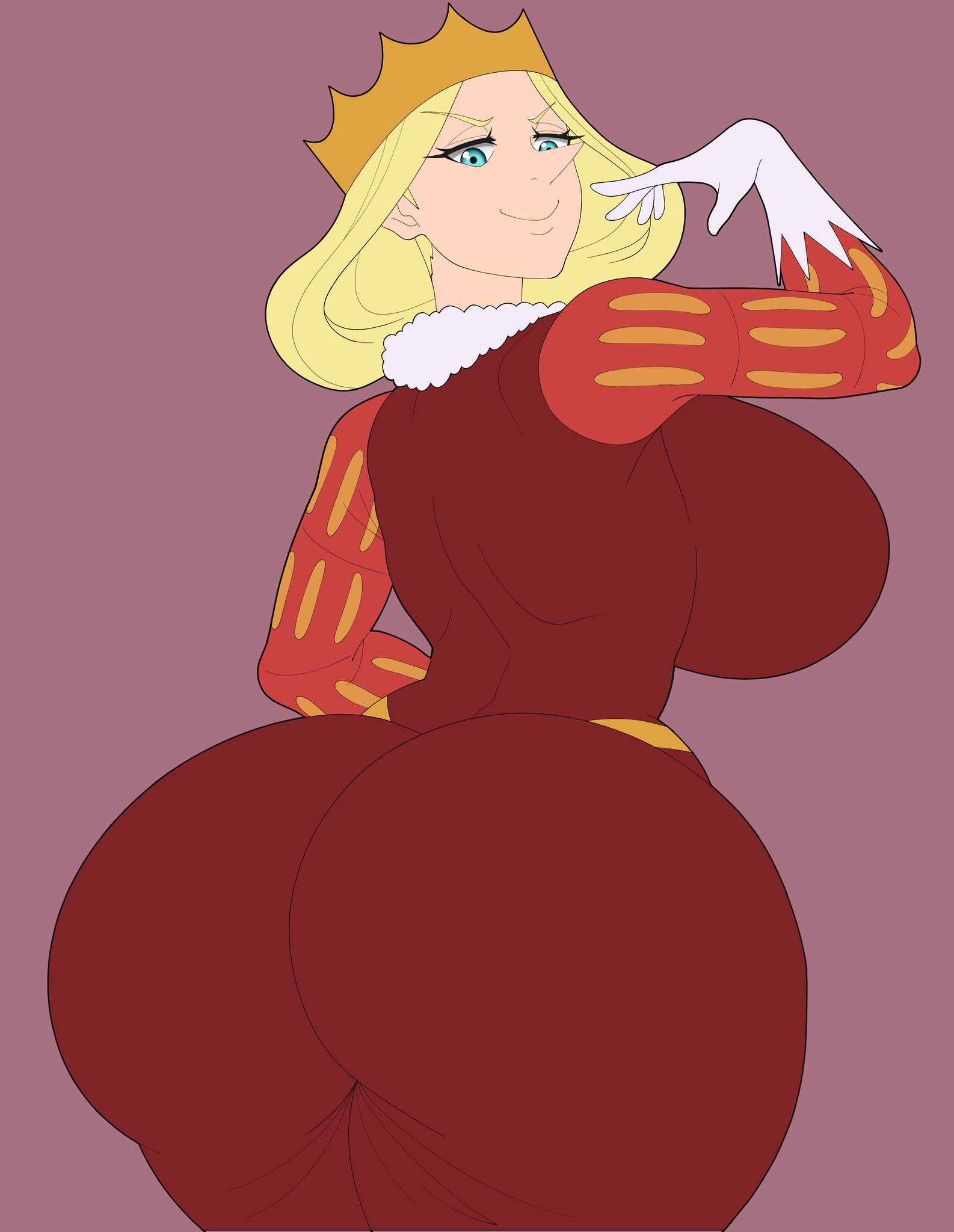 1girls, arm up, armpits, ass, ass in dress, back, big ass, big breasts, big butt, big thighs, blonde hair, blue eyes, breasts, crown, female, female only, huge ass, huge breasts, human, light skin, light-skinned female, looking at viewer, looking back, married female, mature female, milf, mother, ousama ranking, queen, queen hilling, rear view, royalty, seductive, short hair, sideboob, smile, solo, truewaifu