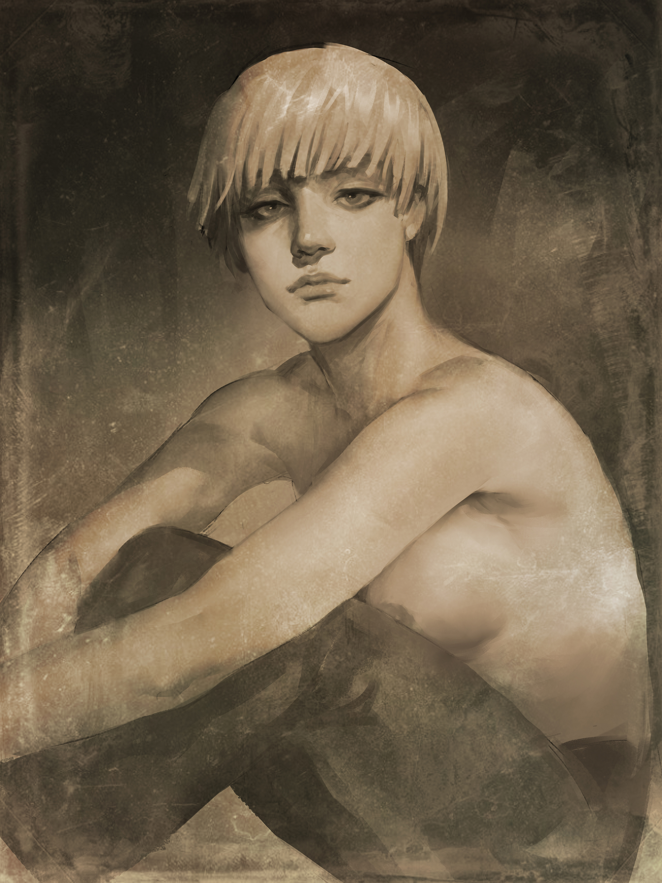 1girls, ass, attack on titan, blonde hair, bowl cut, breasts, child bearing hips, curvaceous, curvaceous ass, curvaceous body, curvaceous female, curvaceous figure, curvaceous hips, curvaceous thighs, curvy, curvy body, curvy female, curvy figure, curvy hips, curvy thighs, female, female focus, female only, human, neight, pants, sepia, shingeki no kyojin, short hair, solo, solo female, solo focus, thick, thick hips, thick legs, tomboy, topless, very short hair, waifu, yelena (shingeki no kyojin)