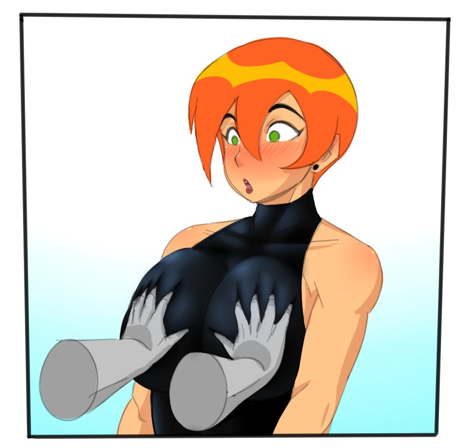 1girls, 2023, ben 10, ben 10 (classic), blush, blushing, breast fondling, breast squeeze, breast squish, breasts, cartoon network, donchibi, female, future gwen, future gwen (ben 10,000), green eyes, gwen tennyson, red hair, short hair, surprised, tagme, touching breast
