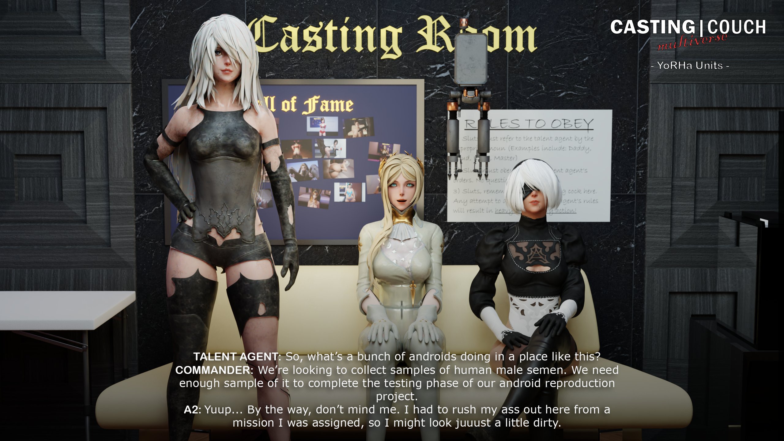 3d, 3girls, alternate version at source, android, big breasts, blindfold, blonde hair, breasts, clothing, female, female only, gloves, light skin, light-skinned female, nier: automata, pov, text, tscd rendering, white hair, yorha 2b, yorha a2, yorha commander