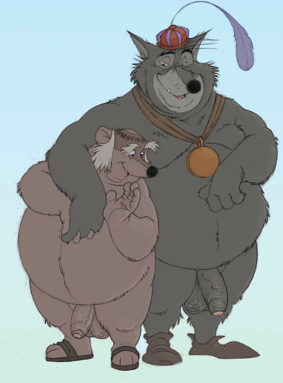 2boys anthro badger balls belly big_belly canid canine canis clothing disney duo embrace facial_hair fat fat_man flaccid footwear foreskin friar_haircut friar_tuck genitals hand_holding hat headgear headwear hi_res humanoid_genitalia humanoid_penis kinkycoyote male male/male male_only mammal mature_male medal multiple_boys mustelid musteline nude obese obese_male overweight overweight_male penis robin_hood_(disney) sandals sheriff_of_nottingham shoes sideburns smile vein veiny_penis wolf