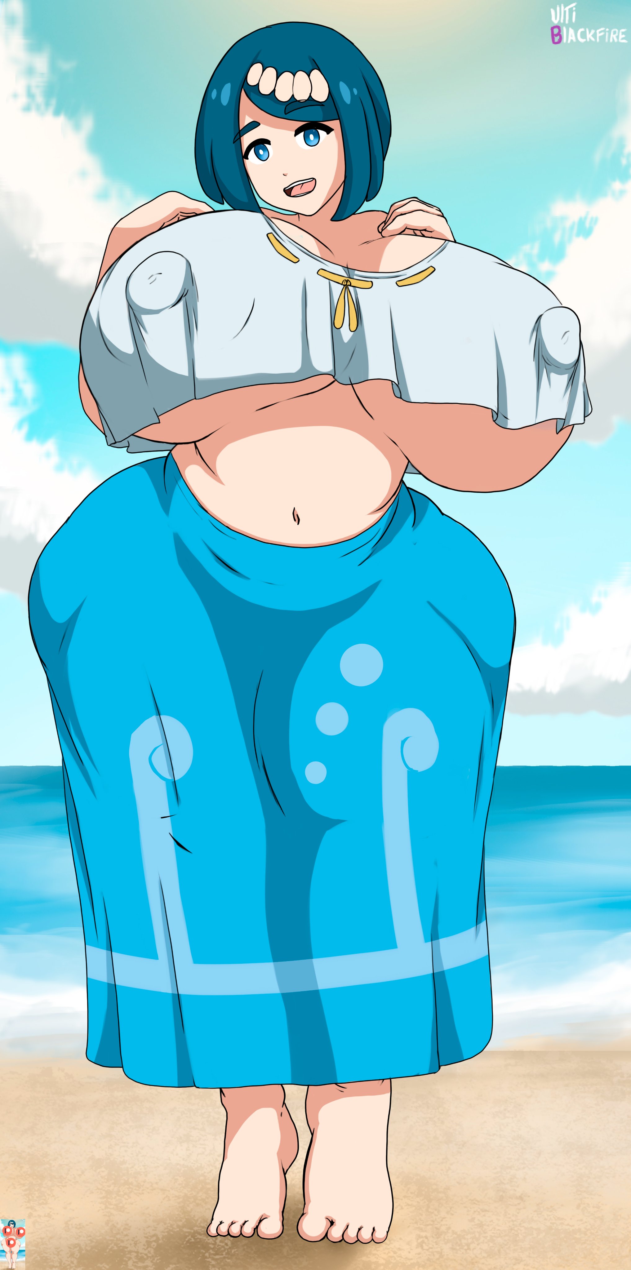 1girls, alternate body type, alternate breast size, beach, big breasts, blue eyes, blue hair, breasts, breasts bigger than head, clothed, female, high resolution, huge breasts, hyper breasts, lana's mother (pokemon), light skin, light-skinned female, massive breasts, mature female, milf, mother, nintendo, outdoors, pokemon, pokemon sm, solo, solo female, thick thighs, thighs bigger than head, thighs bigger than torso, ultiblackfire