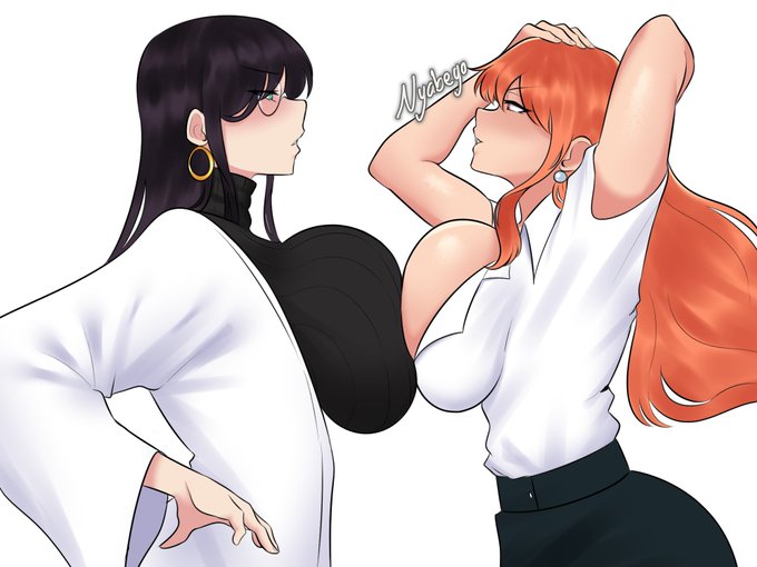 2girls, black hair, black-haired female, breast press, breast squish, breasts, cleavage, clothed, ear piercing, earrings, female, female only, glasses, guabeyo, huge breasts, japanese clothes, large breasts, light skin, light-skinned female, long hair, nami (one piece), nico robin, nyabeyo, office lady, one piece, orange hair, orange-haired female, pale skin, post-timeskip, round eyewear, yuri