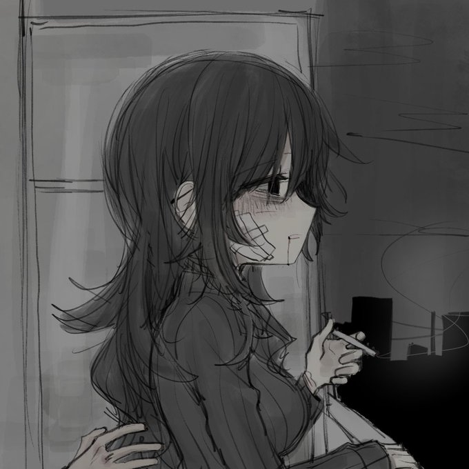 1girl 1girls artist_request bags_under_eyes balcony bandage bandages black_eyes black_hair bleeding bleeding_from_mouth clothed dark depressed dystopia female female_focus fully_clothed lonely long_hair my_mental_state no_sex no_visible_genitalia oniyamakei sad smoking sweater