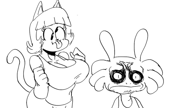 1boy 1boy1girl 1girls anthro axolotl big_breasts cat_ears catgirl clothed clothing curvy derp_eyes female hair male male/female no_color olozva size_difference sketch tail tongue tongue_out voluptuous