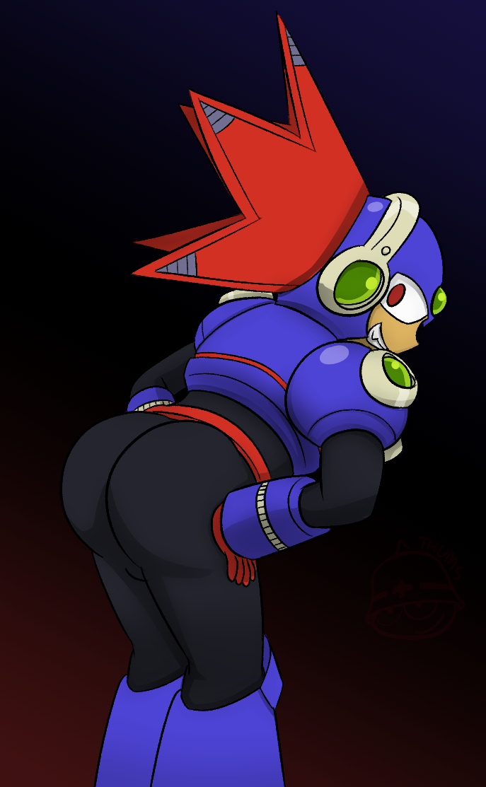 1boy ass big_ass big_butt blast_man butt capcom fangs fat_ass fat_butt fully_clothed huge_ass huge_butt looking_at_viewer looking_back looking_back_at_viewer male male_only mega_man mega_man(classic) mega_man_11 red_eyes robot robot_master solo thick_ass thick_butt thumtas_(artist)