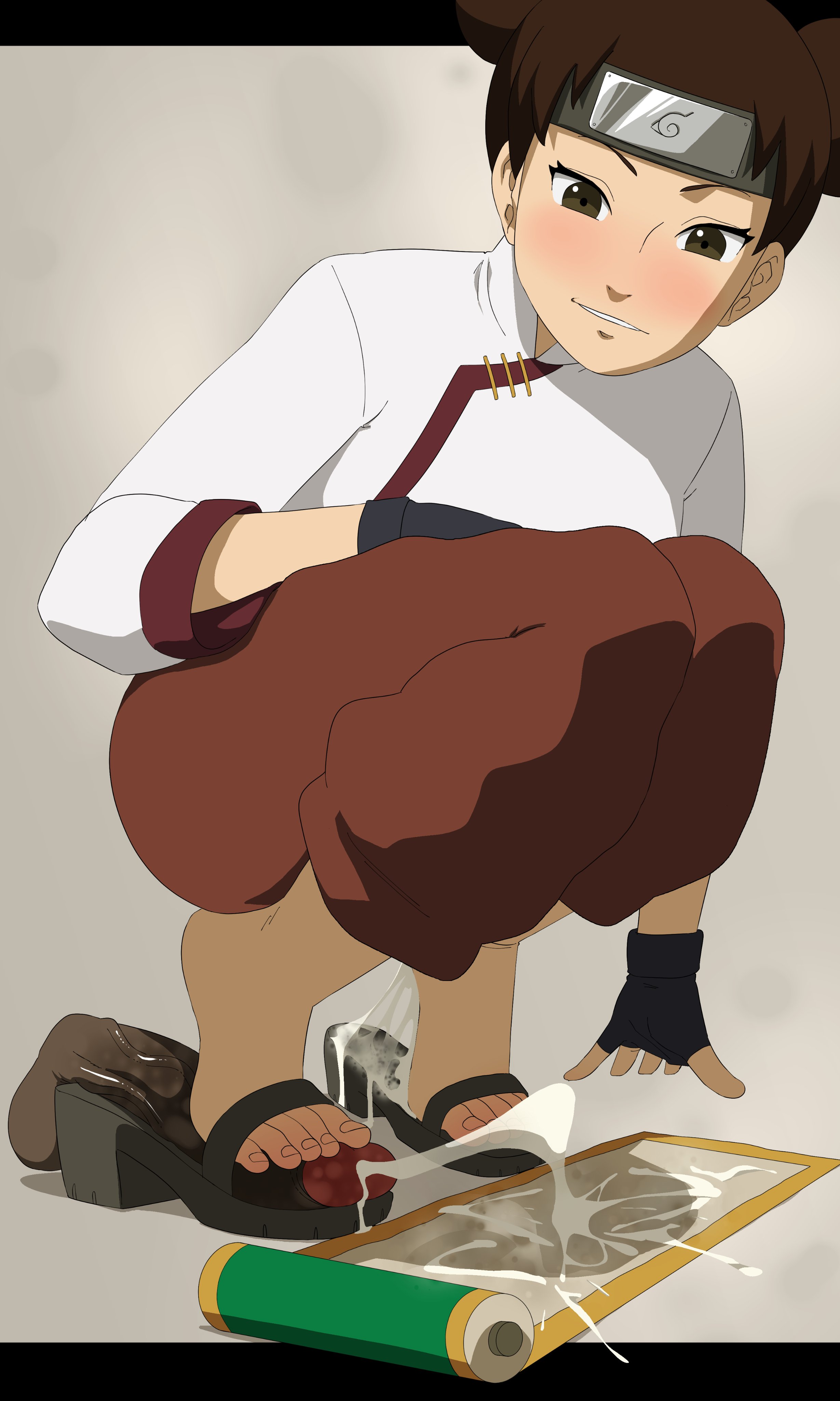 border, brown eyes, brown hair, chinese clothes, cum on feet, cum on sandals, cum on soles, cumshot, disembodied penis, double bun, ejaculation, feet, female, fetish, foot fetish, foot focus, footjob, hair bun, kunoichi, legs together, male, meteorreb0rn, naked footwear, naruto, naruto (series), naruto shippuden, ninja, non-euclidean border, open toe shoes, pants, penis, petite, sandaljob, sandals, scroll, shirt, shoejob, smile, squatting, tenten, tiptoes, toes, twin buns