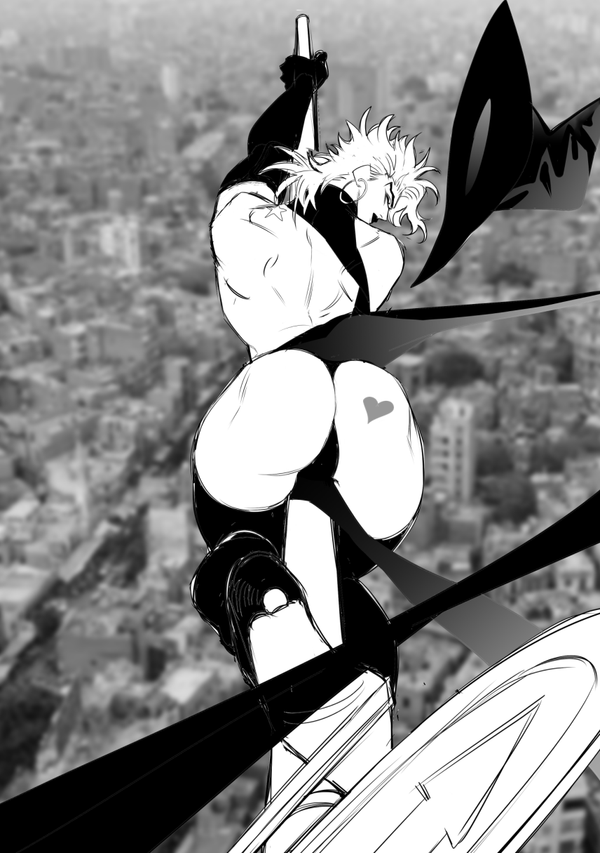 1boy, ambush (trap), ass, ass focus, ass tattoo, back, dio brando, earrings, gay, hat, heart, heart tattoo, high heels, hoop earrings, huang lia, jewelry, jojo's bizarre adventure, lipstick, long hair, looking back, makeup, male, male focus, monochrome, muscular, muscular male, road sign, sign, solo, stardust crusaders, tattoo, thighs, witch hat