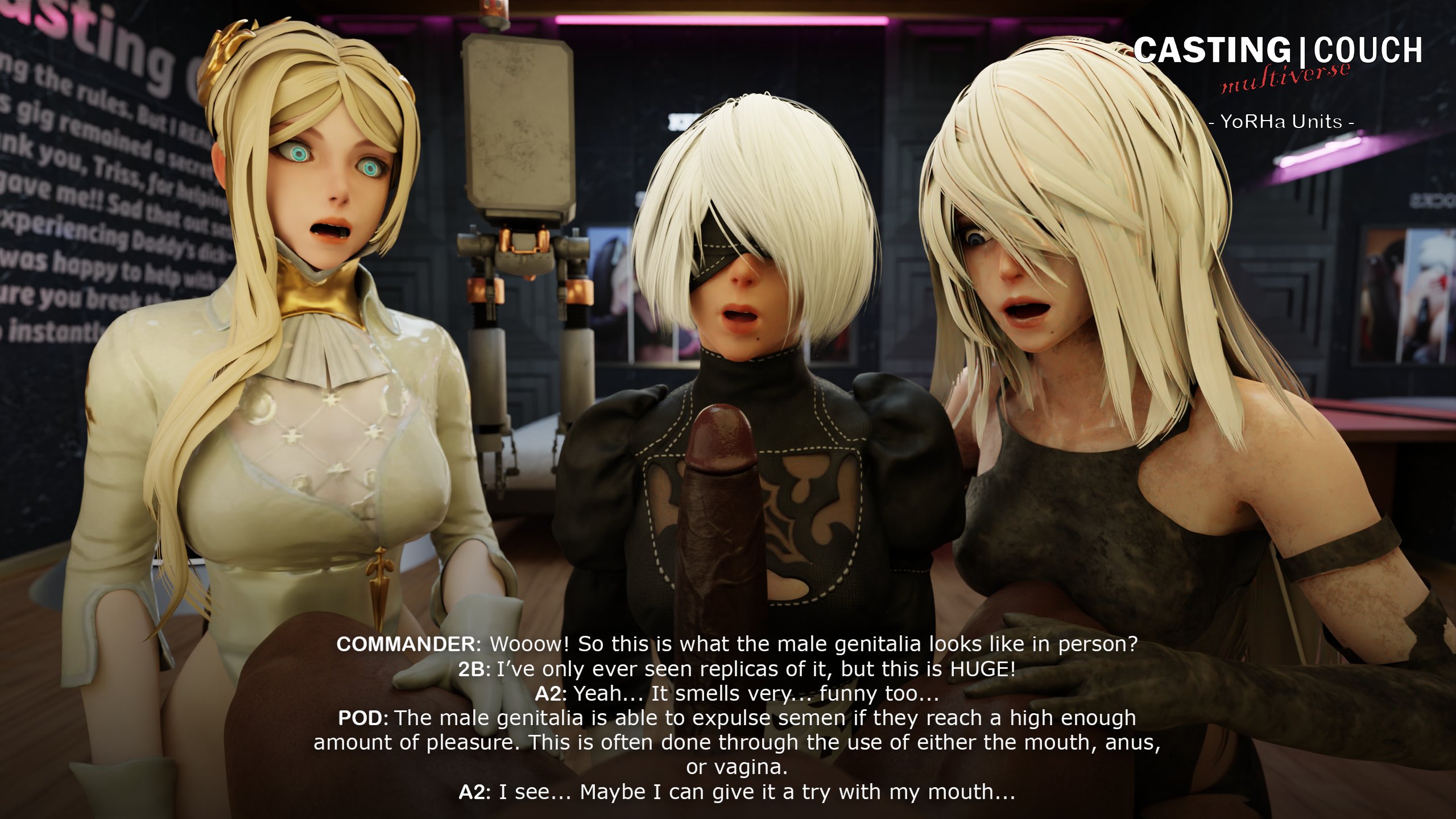 1boy, 3d, 3girls, alternate version at source, android, big breasts, blindfold, blonde hair, breasts, clothing, dark skin, dark-skinned male, female, female focus, foursome, gloves, imminent oral, imminent sex, interracial, light skin, light-skinned female, male, nier: automata, pov, straight, text, tscd rendering, white hair, yorha 2b, yorha a2, yorha commander