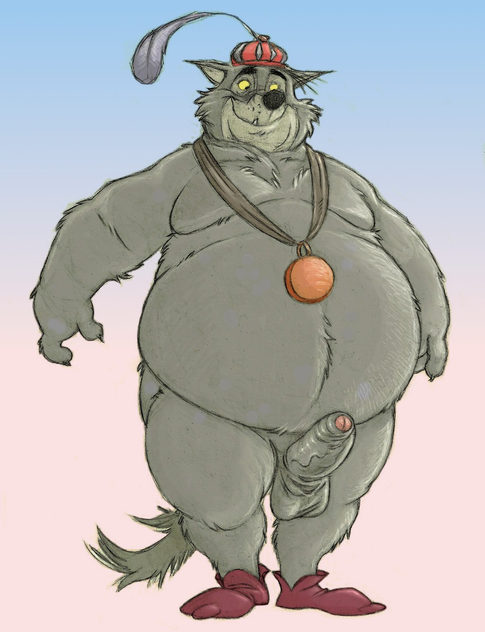 1boy anthro balls belly big_belly canid canine canis clothing disney erection fat fat_man footwear foreskin genitals hat headgear headwear hi_res humanoid_genitalia humanoid_penis kinkycoyote male male_only mammal medal moobs obese obese_male overweight overweight_male penis robin_hood_(disney) sheriff_of_nottingham shoes smile solo vein veiny_penis wolf