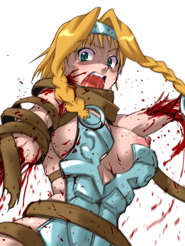 amputation armor beige_skin bleeding blonde_hair blood blood_stain breasts color dismemberment eyes female female_only front_view gore guro hair injury leina mouth open_eyes open_mouth queen's_blade skin solo still_alive white_background