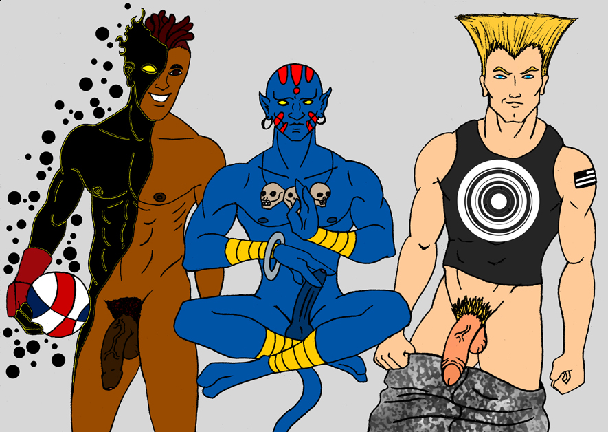 3boys abs alex_summers artist_request bald biceps blonde_hair blue_eyes bracelet brown_eyes brown_hair capcom crossover dhalsim earrings guile havok male male_only marvel multiple_boys muscles nightcrawler nude pectorals penis pubic_hair roberto_da_costa sean_matsuda street_fighter street_fighter_iii street_fighter_iii:_3rd_strike street_fighter_iii_(series) street_fighter_v sunspot_(x-men) tattoo testicles vein veiny_penis x-men yellow_eyes