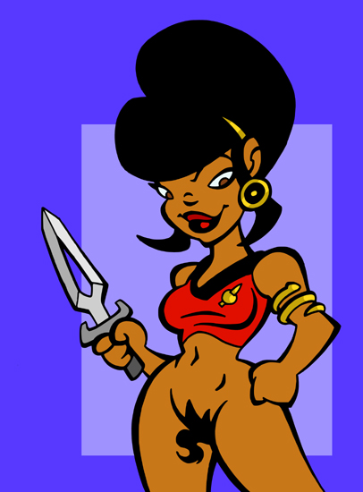 black_hair bottomless bush dark_skin female hairband human looking_at_viewer navel nyota_uhura partially_clothed pubic_hair red_shirt solo star_trek star_trek_the_original_series tagme terran_insignia