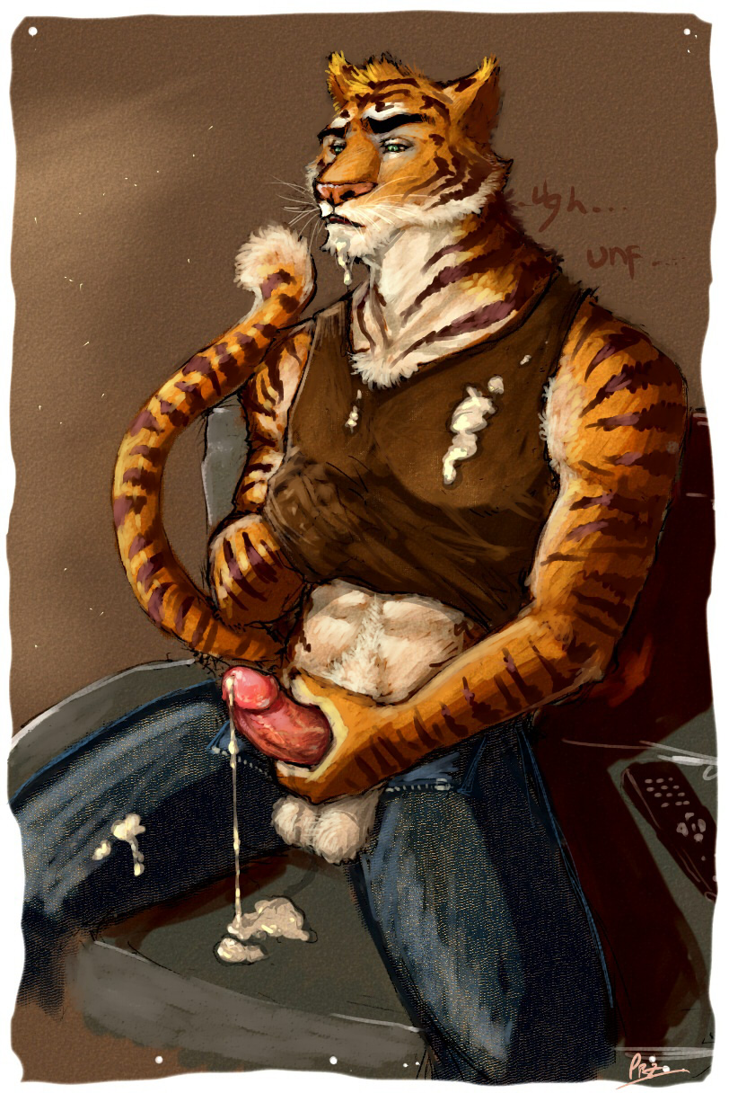 1boy abs anthro balls biceps black_fur clothing cum erection feline fur furry green_eyes humanoid_penis jeans male male_only masturbation muscles orange_fur pecs penis pockyrumz shirt solo tank_top tiger white_fur