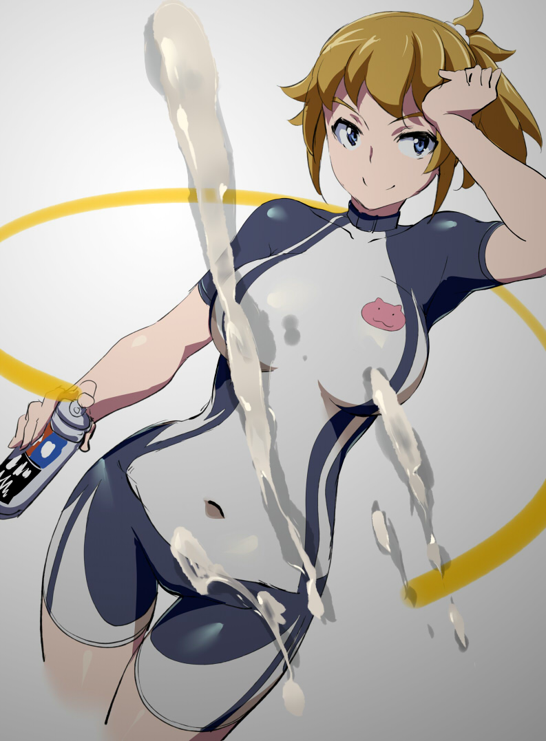 blue_eyes bodysuit brown_hair covered_navel cum cum_tribute female gundam gundam_build_fighters gundam_build_fighters_try hand_on_forehead hoshino_fumina ponytail raikoh short_hair smile solo spray_paint thigh_gap tied_hair