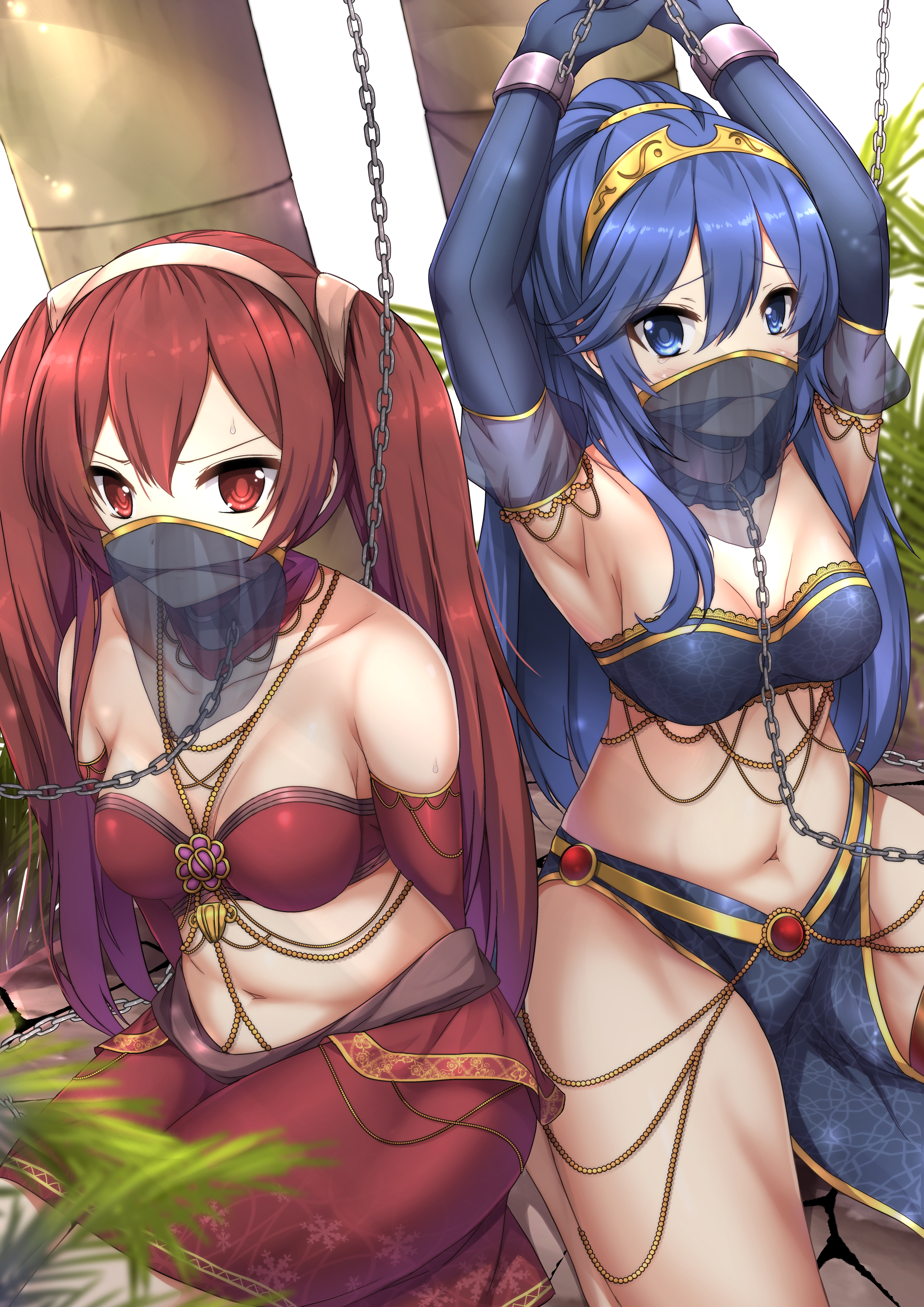 2girls, arms above head, arms tied behind back, blue bra, blue eyes, blue hair, bondage, bra, breasts, chain leash, cleave gag, collar, cuffs, female, female only, fire emblem, fire emblem awakening, gag, gagged, gloves, hairband, harem, harem outfit, kneeling, leash, lucina (fire emblem), medium breasts, midriff, multiple females, multiple girls, navel, nintendo, pants, pelvic curtain, ponytail, red bra, red eyes, red hair, red pants, severa (fire emblem), sheita, slave, strapless, strapless bra, twintails, veil