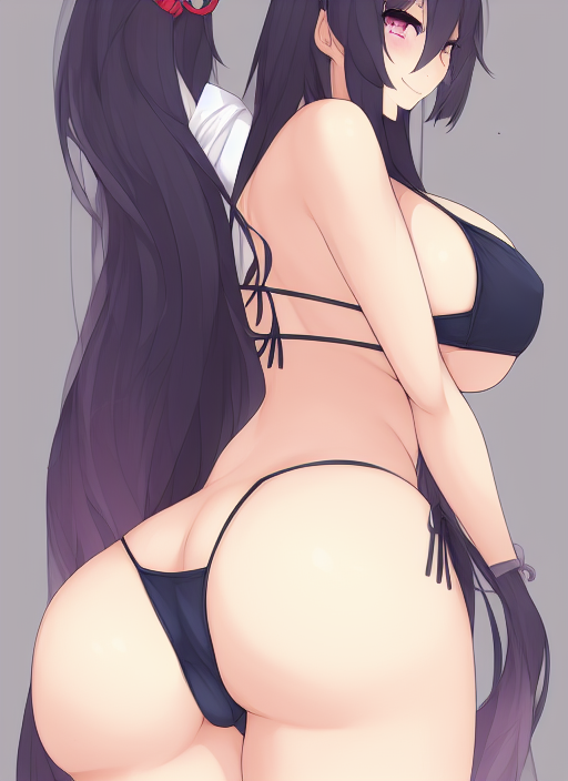 1girls alternate_ass_size alternate_breast_size big_breasts black_hair blue_bikini breasts_bigger_than_head female female_only gigantic_ass hair_between_eyes hand_on_ass huge_ass huge_breasts huge_thighs long_hair looking_at_viewer omamori_himari pink_eyes seductive_smile solo thick_thighs wide_hips