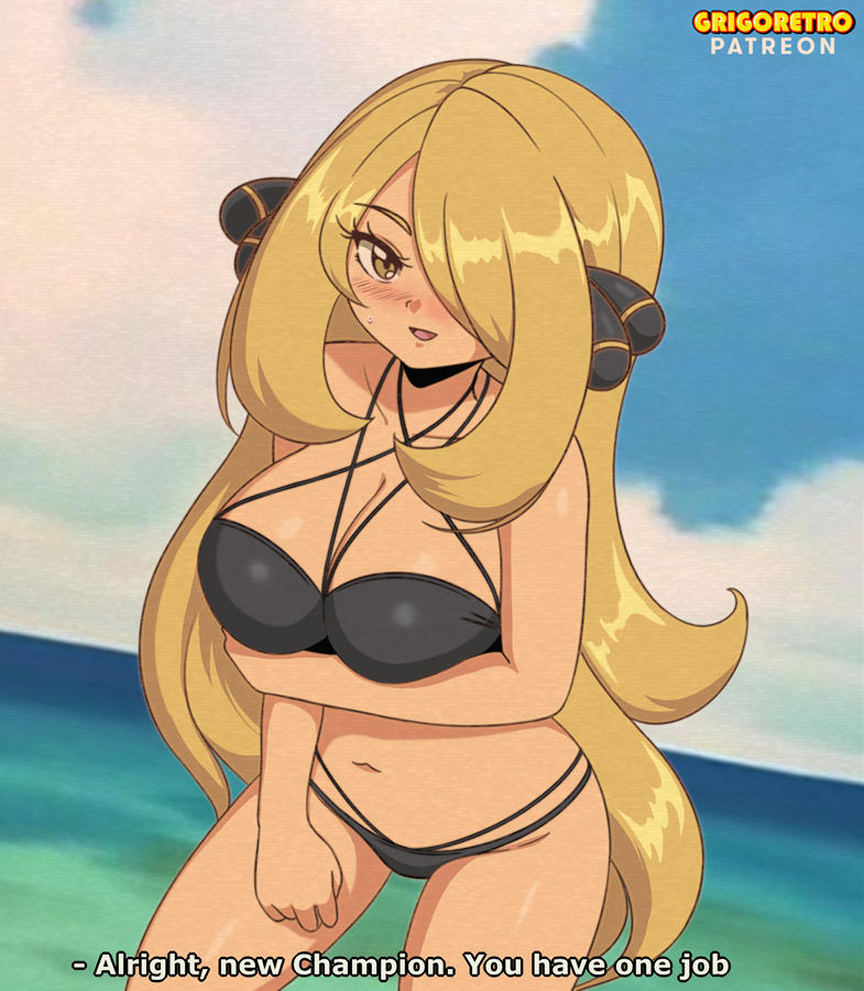 1girls, arm under breasts, bikini, black panties, blonde hair, blush, breasts, cynthia (pokemon), female, grigoretro, hair over one eye, looking at viewer, navel, nintendo, ocean, pokemon, pokemon dppt, retro artstyle, smile, subtitled, swimsuit, swimwear, talking to viewer, very long hair