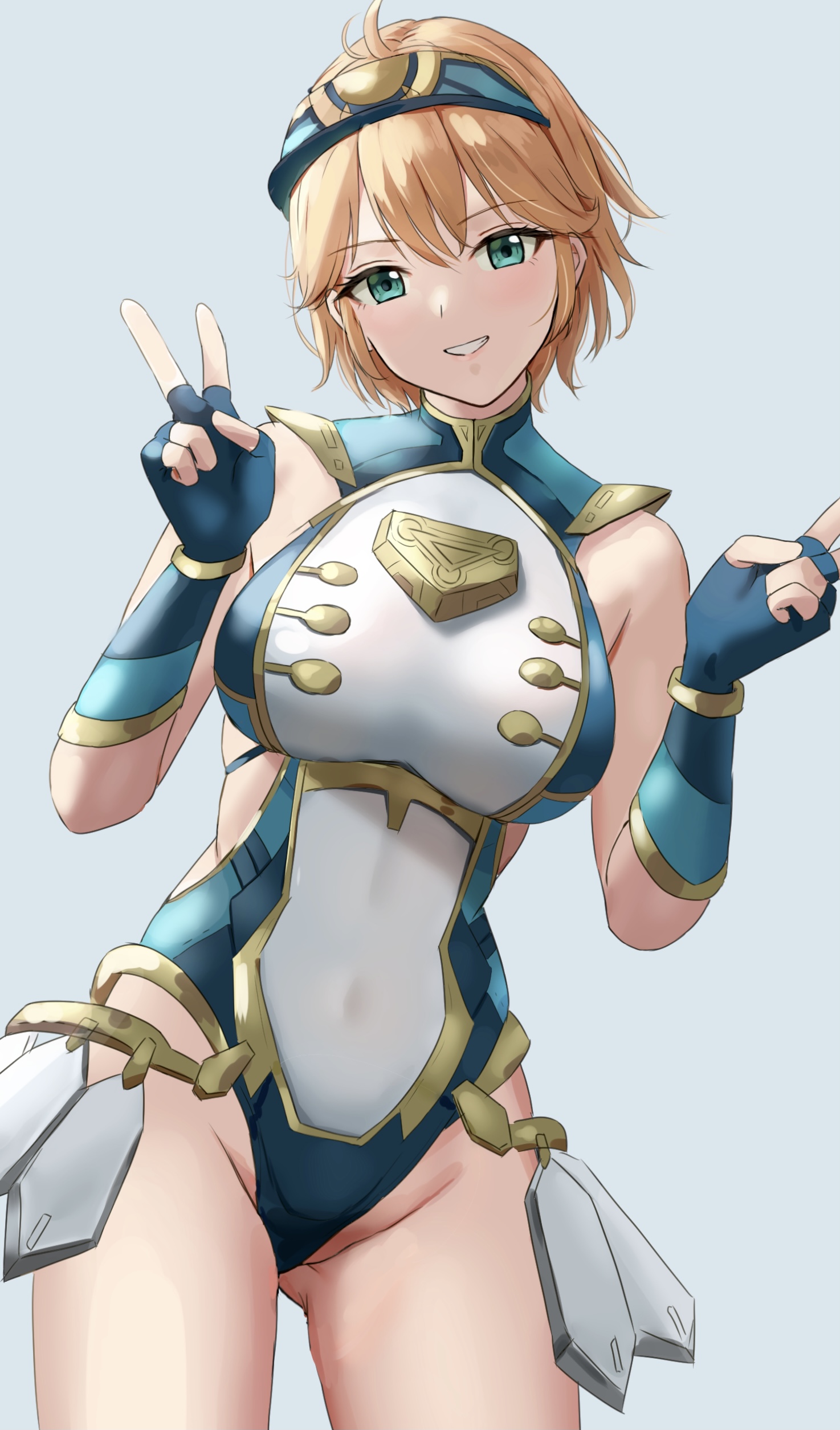 1girls, absurd res, amayo thranana, bare arms, bare legs, bare shoulders, bare thighs, blonde hair, blue gloves, blue swimsuit, blush, breasts, covered navel, double v, elbow gloves, female, female only, fingerless gloves, fiora (xenoblade), gloves, green eyes, highleg, highleg swimsuit, highres, large breasts, looking at viewer, mecha-fiora (xenoblade), multicolored swimsuit, navel, nintendo, one-piece swimsuit, peace sign, robot, robot girl, short hair, swimsuit, teal eyes, thick thighs, thighs, v, visor, visor cap, xenoblade (series), xenoblade chronicles