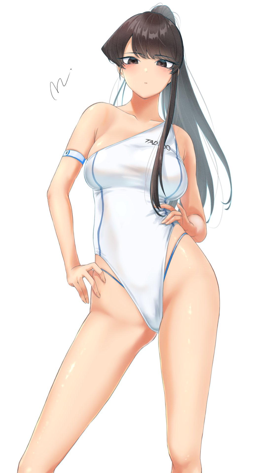 2021 armband black_eyes black_hair hand_on_hip komi-san_wa_komyushou_desu komi_shouko long_black_hair long_hair looking_at_viewer looking_down_at_viewer mi_(artist) ponytail swimsuit white_background