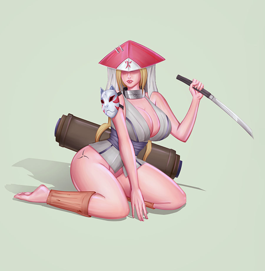 1girls bare_legs bare_shoulders barely_clothed bottomless busty cleavage covered_eyes female female_only forehead_protector hokage hokage_hat holding_object inocsom kimono kneeling kodachi konohagakure_symbol kunoichi mask mature mature_female naruto naruto_shippuden ninja no_bra no_panties rogue_ninja scroll sword tattoo tied_hair tsunade twintails voluptuous weapon wide_hips