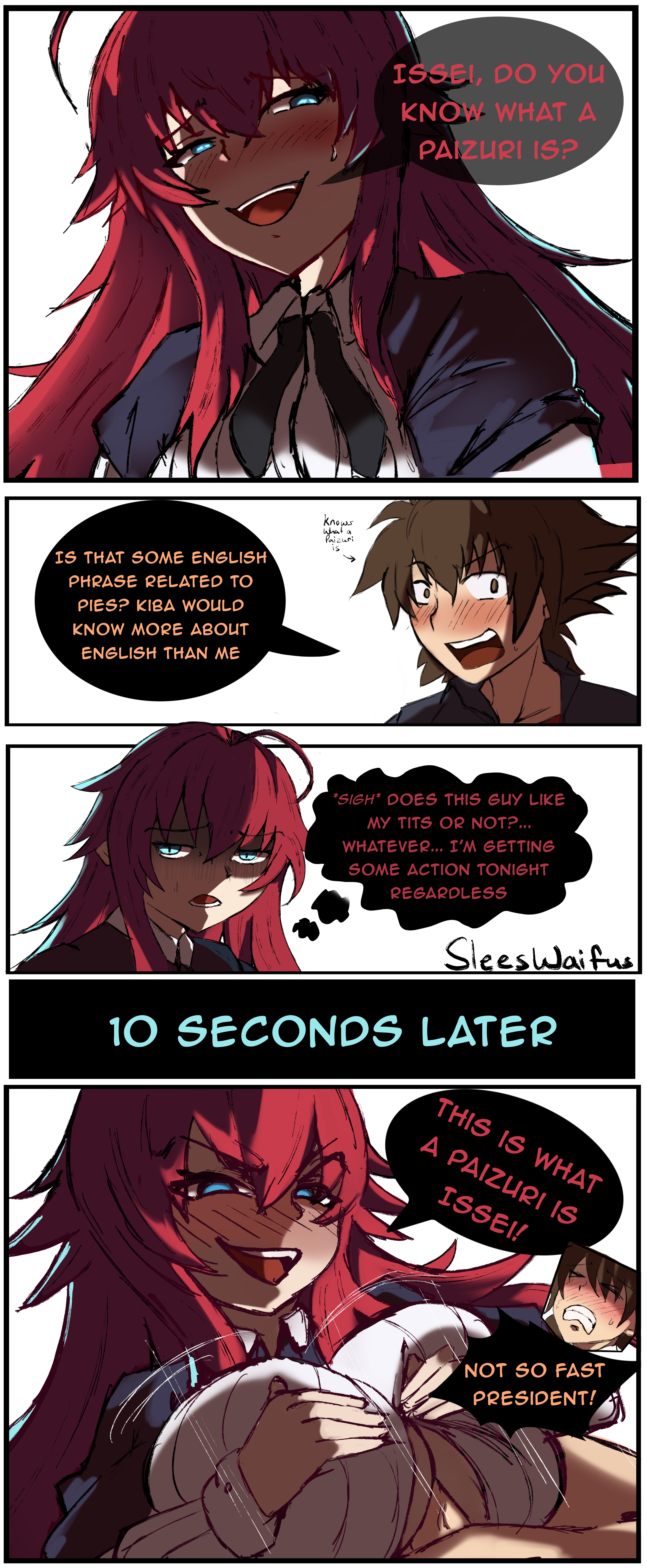 1boy, 1girls, 2013, blue eyes, breasts, brown hair, clothed, clothing, comic, duo, english text, female, femdom, high school dxd, hyoudou issei, instant loss 2koma, male, open mouth, paizuri, paizuri under clothes, red hair, rias gremory, school uniform, sleesart, smile, smug, teeth, text, tongue