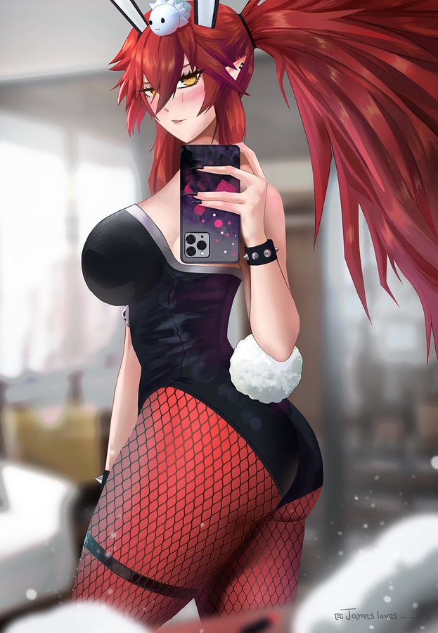 ass, ass focus, bunnysuit, dragon girl, female, female only, jamesloves art, orange eyes, phone, red hair, selfie, solo, virtual youtuber, vshojo, vtuber, zentreya