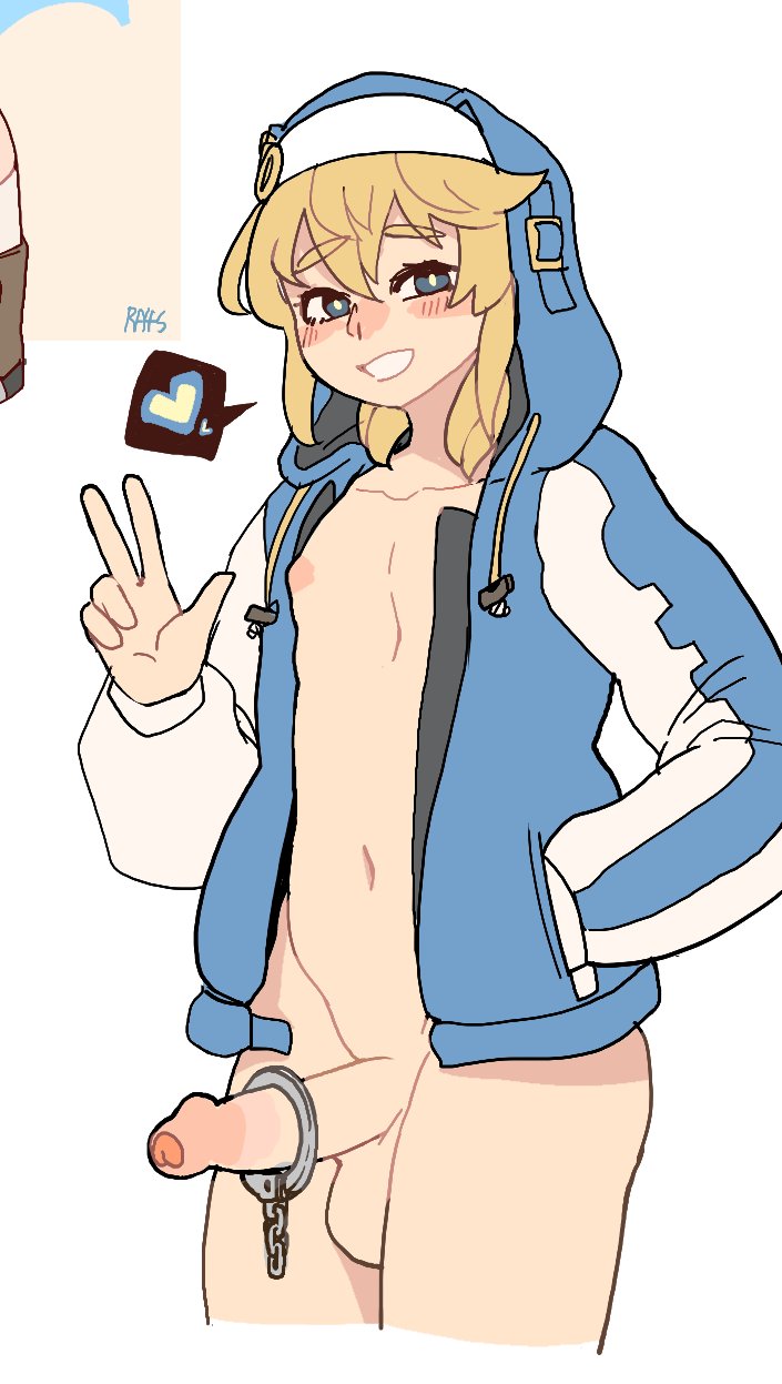 1boy blush bridget bridget_(guilty_gear) guilty_gear handcuff_on_penis heart male male_only peace_sign penis ra4s smile