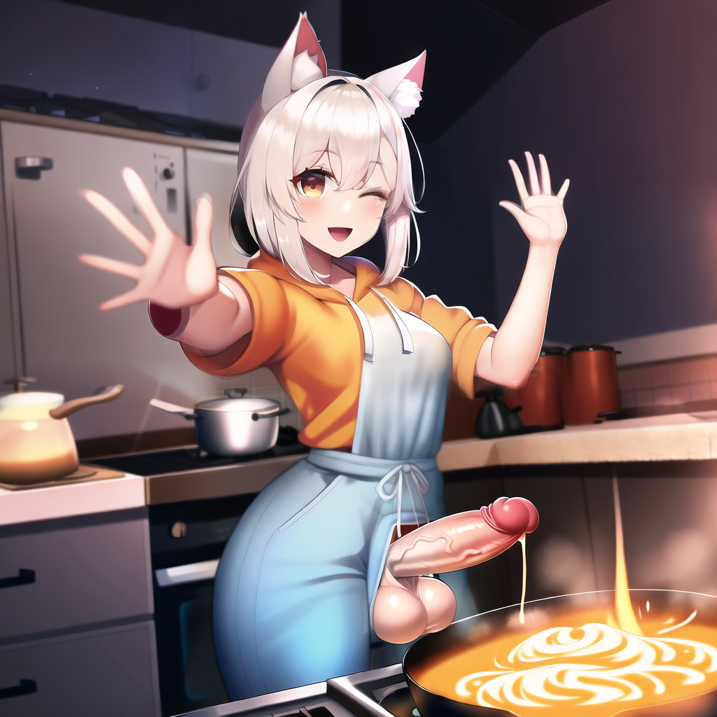 1futa, ai generated, apron, balls, big balls, big penis, breasts, cat ears, cooking, cum dripping, cum in container, cum on food, cum string, cumdrip, food, food play, futa only, futanari, happy, hoodie, intersex, kitchen, looking at viewer, one eye closed, open mouth, outstretched arm, penis, stable diffusion, stove, testicles, veiny penis, waving, waving at viewer, white hair