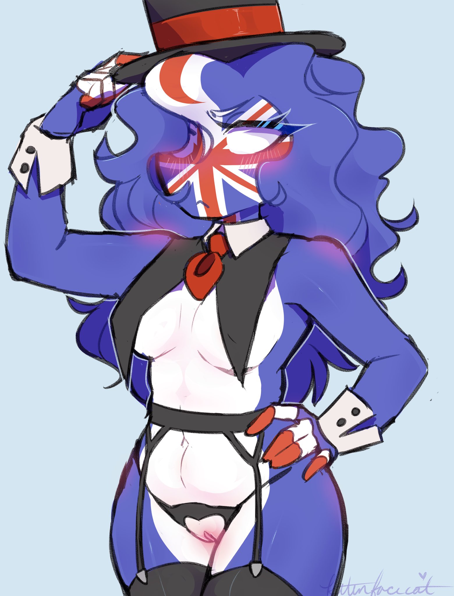 1girls, big breasts, black panties, breasts, countryhumans, countryhumans girl, crotchless panties, exposed pussy, female, hat, kittenfacesins, multicolored hair, pussy, three-tone hair, united kingdom (countryhumans)