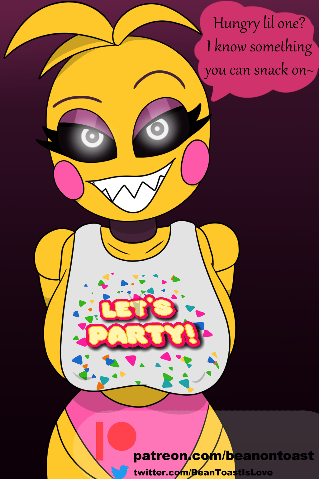beanontoast, bib, boobs hidden, breasts, dialogue, english text, female, five nights at freddy's, fnaf, lovetaste chica, scottgames, solo, text, toy chica (fnaf), toy chica (love taste), video game, video game character, video games