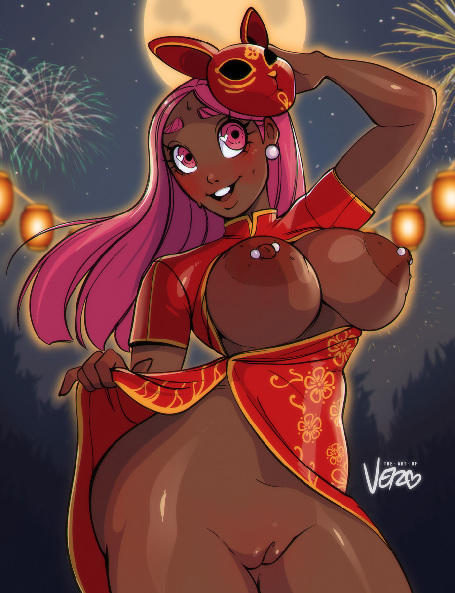 1girls areolae big_breasts blush breasts_out chinese_clothes clothes_lift dark-skinned_female dark_skin dress female female_only fireworks long_hair looking_at_viewer lunar_new_year mask mask_removed mostly_nude nipple_piercing nipples no_panties pink_eyes pink_hair pussy smiling smiling_at_viewer solo taffy_(theartofvero) theartofvero upper_teeth vero