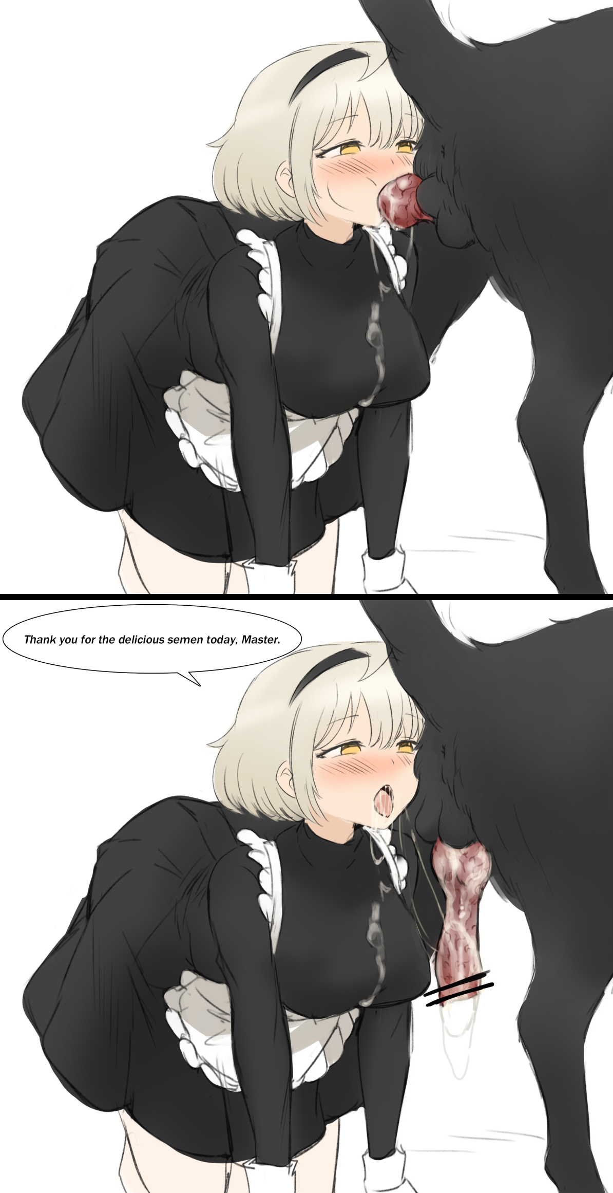 1girls, 2koma, artist request, bestiality, blowjob, blush, canine, canine penis, censored, dog, fellatio, female, hair, knot, maid, maid uniform, male, on all fours, open mouth, oral, penis, servant, short hair, silver hair, tagme, text, white background, yellow eyes, zoophilia
