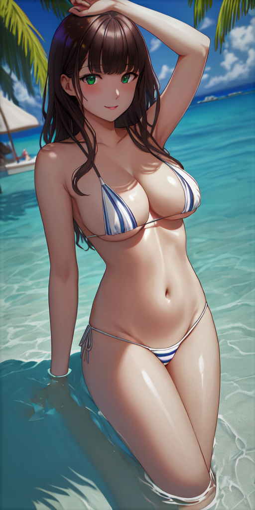 1girls ai_generated beach bikini collarbone dark_brown_hair green_eyes hand_covering_sun hand_in_water hawaiian_tropic hifumi_togo leaning_back long_hair looking_at_viewer navel on_knees partially_submerged persona persona_5 snowy_yukino stable_diffusion stomach swimsuit yukino_ai