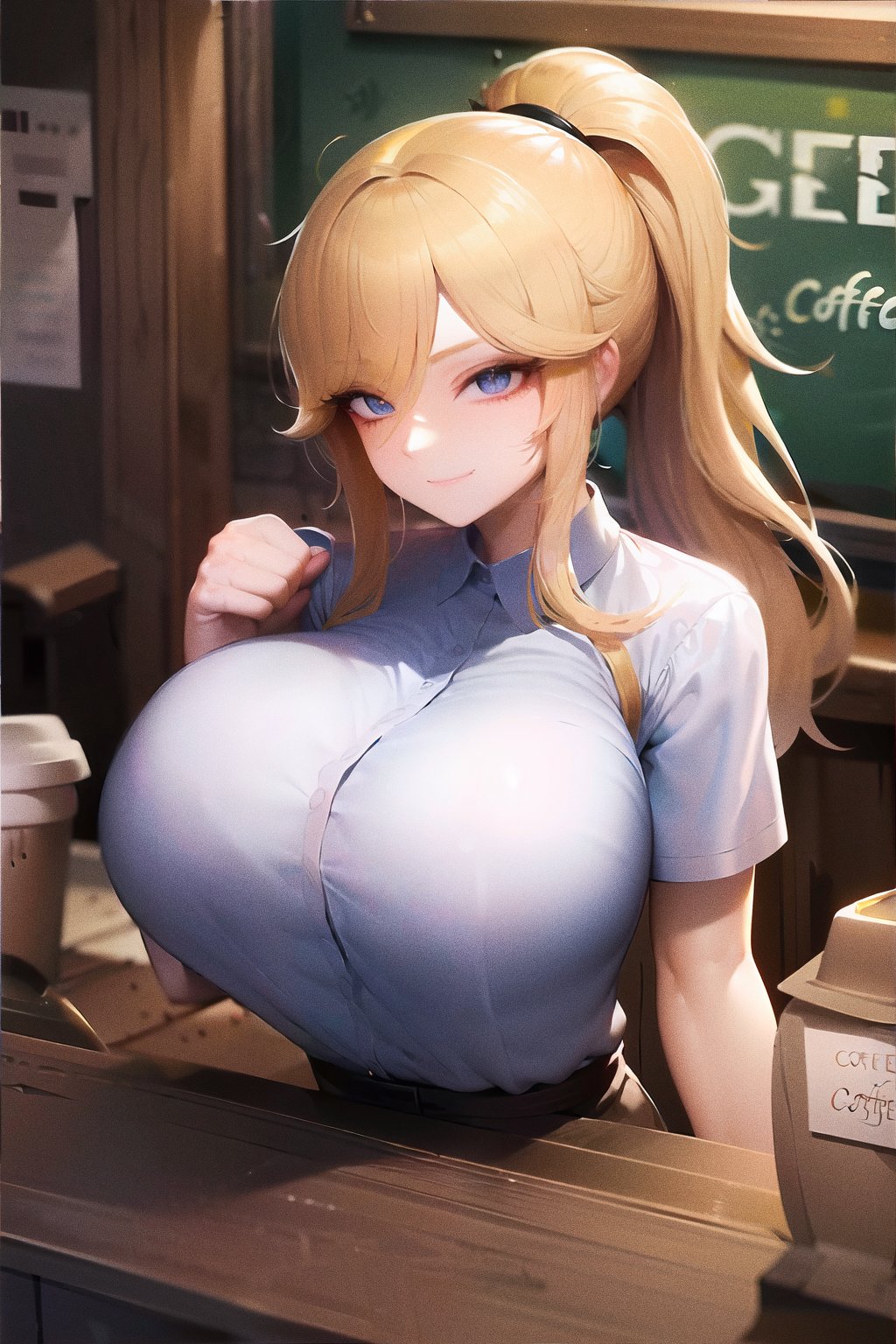 1girls, 2023, ai generated, barista, blonde hair, curvaceous, curvy body, curvy figure, female, female focus, female only, high resolution, highres, looking at viewer, ponytail, stable diffusion, voluptuous female
