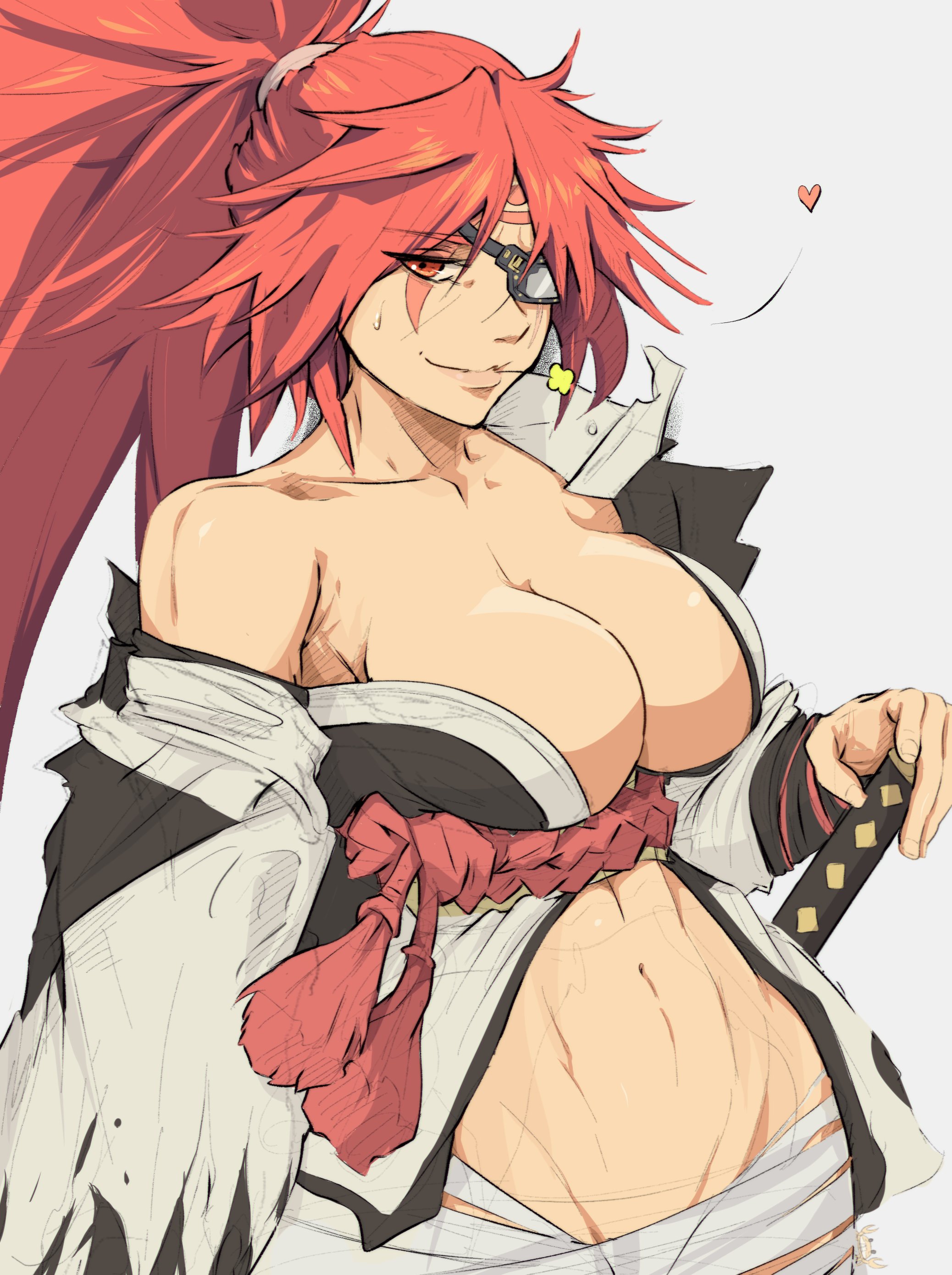 1girls, abs, absurd res, arc system works, baiken, bandage, bangs, bare shoulders, big breasts, boob window, breasts, cleavage, exposed shoulders, facial markings, female, guilty gear, heart, hi res, katana, looking at viewer, navel, pink hair, ponytail, red eyes, simple background, smile, solo, sword, weapon, white background, yoracrab