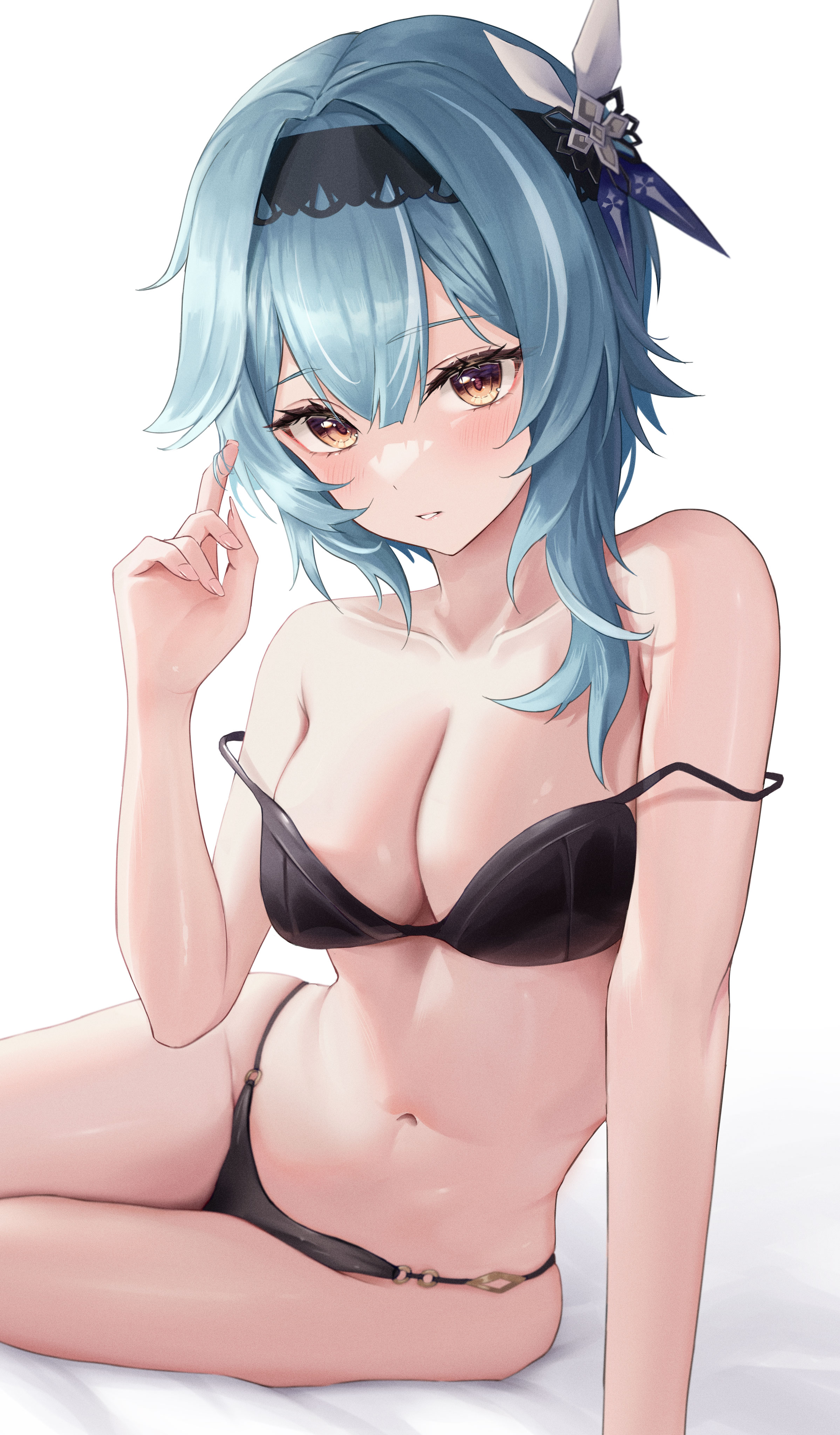 1girls, asymmetrical hair, bare shoulders, bikini, black bra, black hairband, black panties, blue hair, bra, breasts, cleavage, collarbone, eula (genshin impact), female, genshin impact, hair ornament, hairband, hand up, highres, leaning to the side, lingerie, looking at viewer, medium breasts, medium hair, navel, off shoulder, panties, parted lips, sitting, solo, solo female, stomach, strap slip, underwear, vividusss, white background, yellow eyes