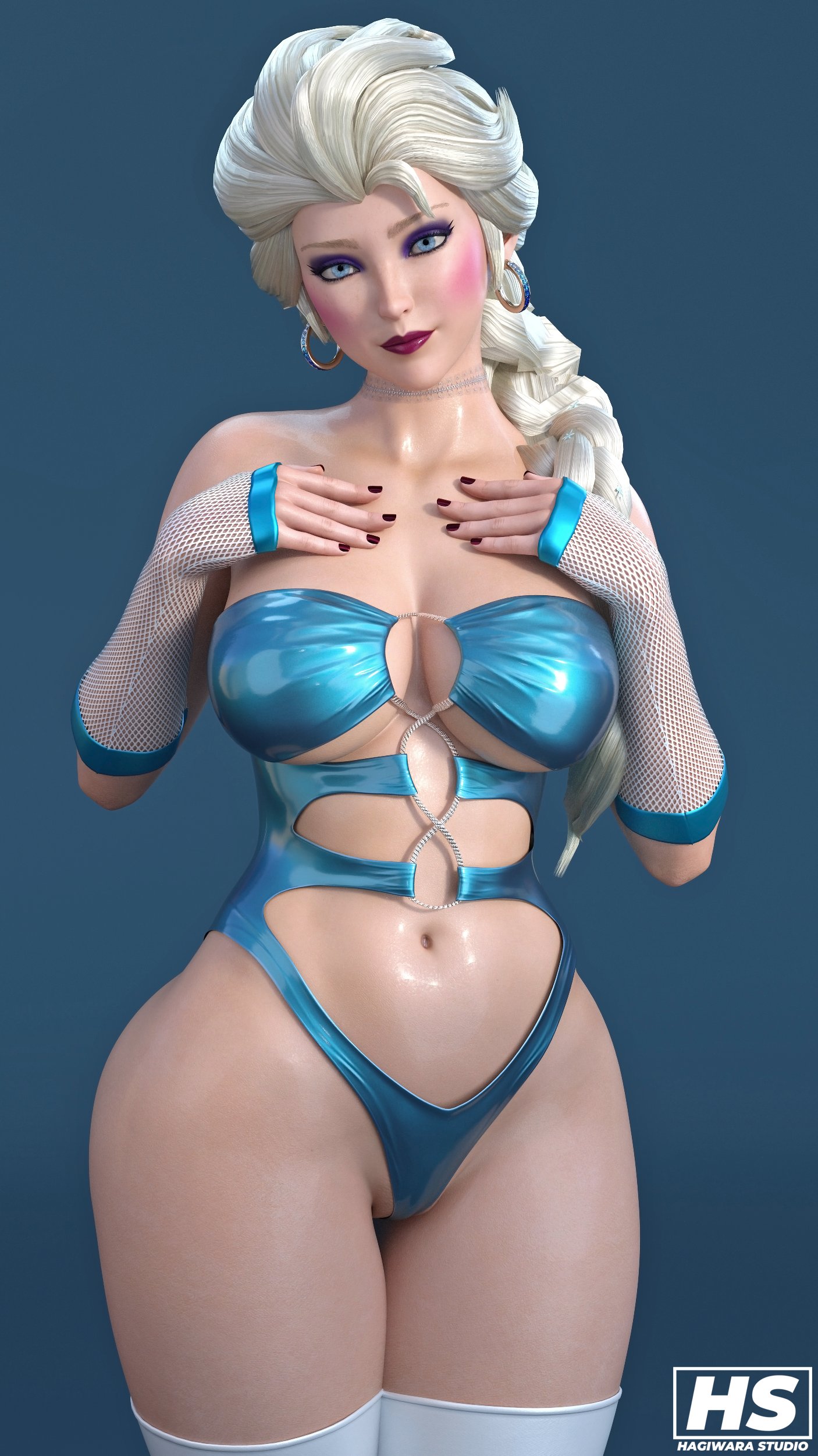 3d, armwear, belly button, big breasts, blonde hair, braid, braided hair, breasts, cleavage, elsa (frozen), female, female only, fishnet armwear, frozen (film), hagiwara studio, hand on chest, hand on leg, human, human only, legwear, looking at viewer, makeup, medium breasts, solo, solo female, stockings, swimsuit, thick thighs