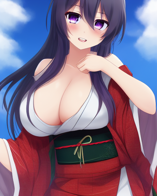 ai_generated arm_up big_breasts black_hair blue_sky cleavage cowboy_shot eyes female floating_hair hair_between omamori_himari