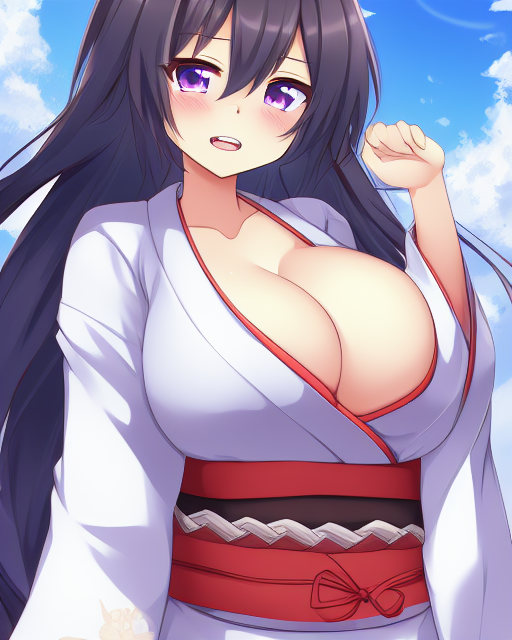 ai_generated arm_up big_breasts black_hair blue_sky cleavage cowboy_shot eyes female floating_hair hair_between omamori_himari