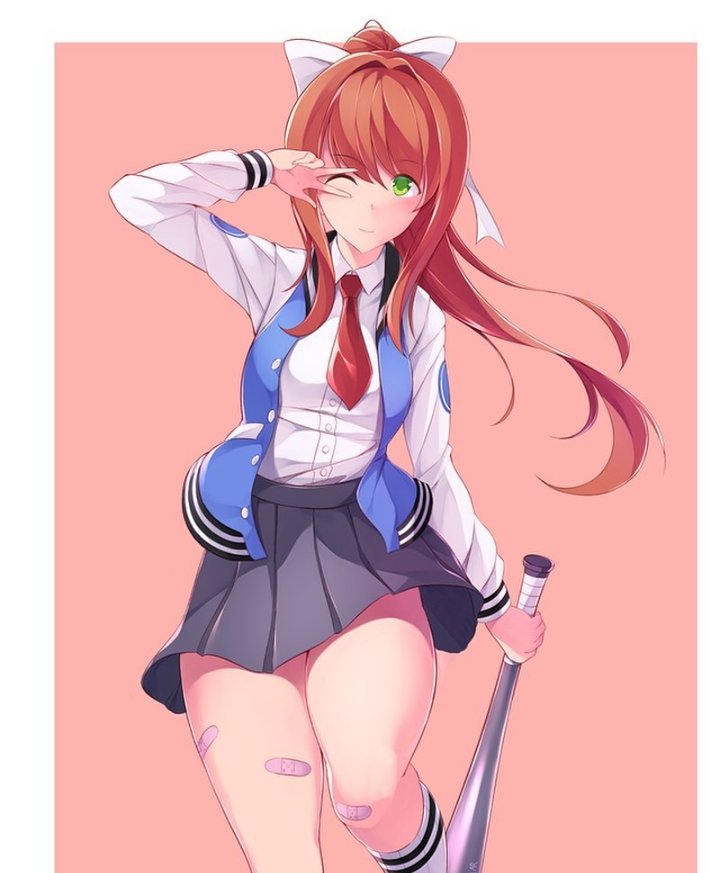 1girls alternate_costume bandaged_leg bandages baseball_bat cosplay curvy doki_doki_literature_club edit female footwear human jacket kunio-kun kyoko_(kunio-kun) legwear letterman_jacket looking_at_viewer maullarmaullar monika_(doki_doki_literature_club) narrow_shoulders orange_hair outerwear pale_skin peace_sign pear_shaped petite redhead river_city_girls school_uniform simple_background small_breasts solo thick_thighs thin_arms thin_waist tie varsity_jacket weapon wink