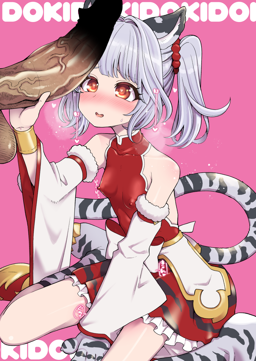 1boy animal_ears bai_(granblue_fantasy) bangs bare_shoulders blush border breasts breath covered_nipples detached_sleeves female granblue_fantasy grey_hair hanauna hand_on_another's_penis heart heart-shaped_pupils highres kneeling looking_at_penis miniskirt penis pink_background red_skirt sitting skirt small_breasts solo_focus sound_effects straight symbol-shaped_pupils tail tiger_ears tiger_girl tiger_tail wariza