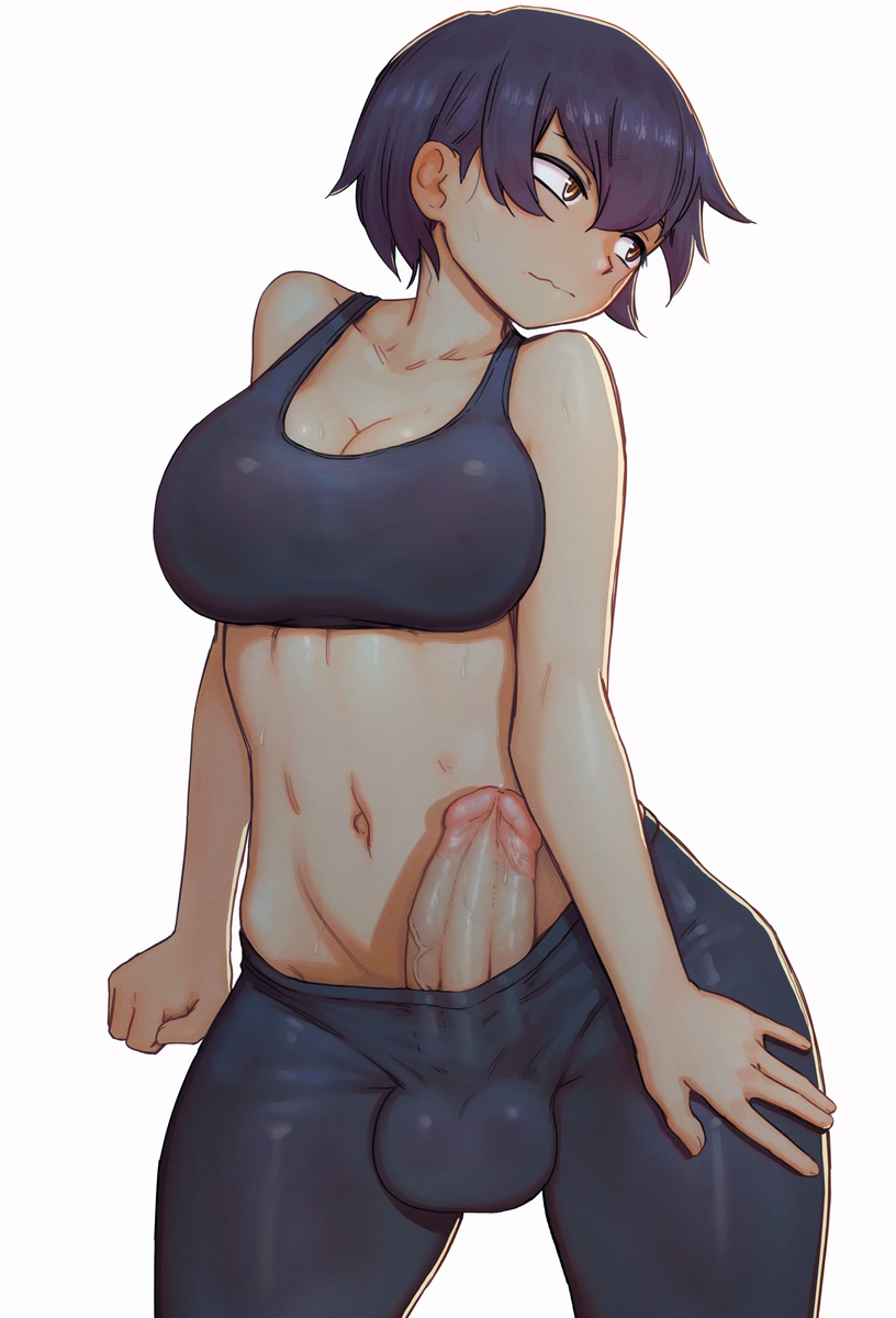 1futa, 2023, balls, balls under clothes, big breasts, big penis, black hair, breasts, cleavage, clothed, clothing, erection, futa only, futanari, hair, human, intersex, leggings, light skin, light-skinned futa, midriff, mostly clothed, penis, penis out, short, short hair, solo, standing, tank top, tight clothing, uncensored, wavy mouth, white background, zoryc